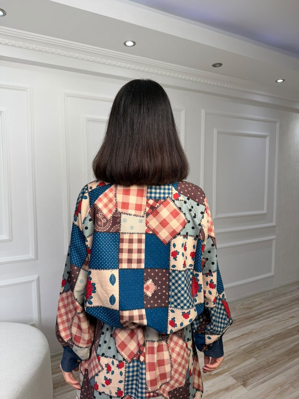 Patchwork Desenli Dik Yaka Bomber Ceket - İNDİGO