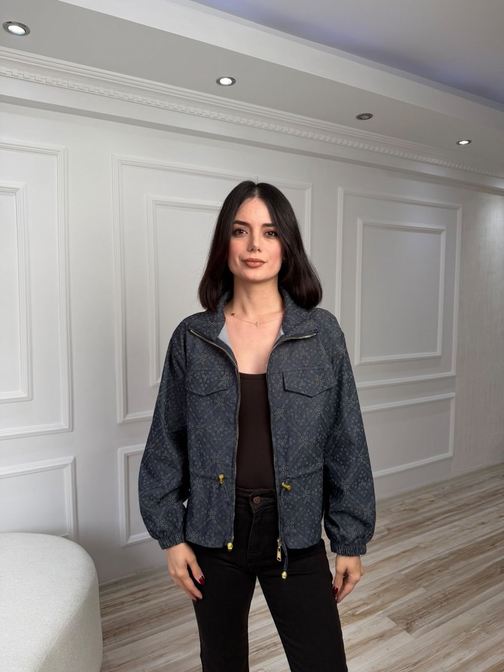 Beli Büzgülü Desenli Fermuarlı Ceket - KOYU LACİVERT