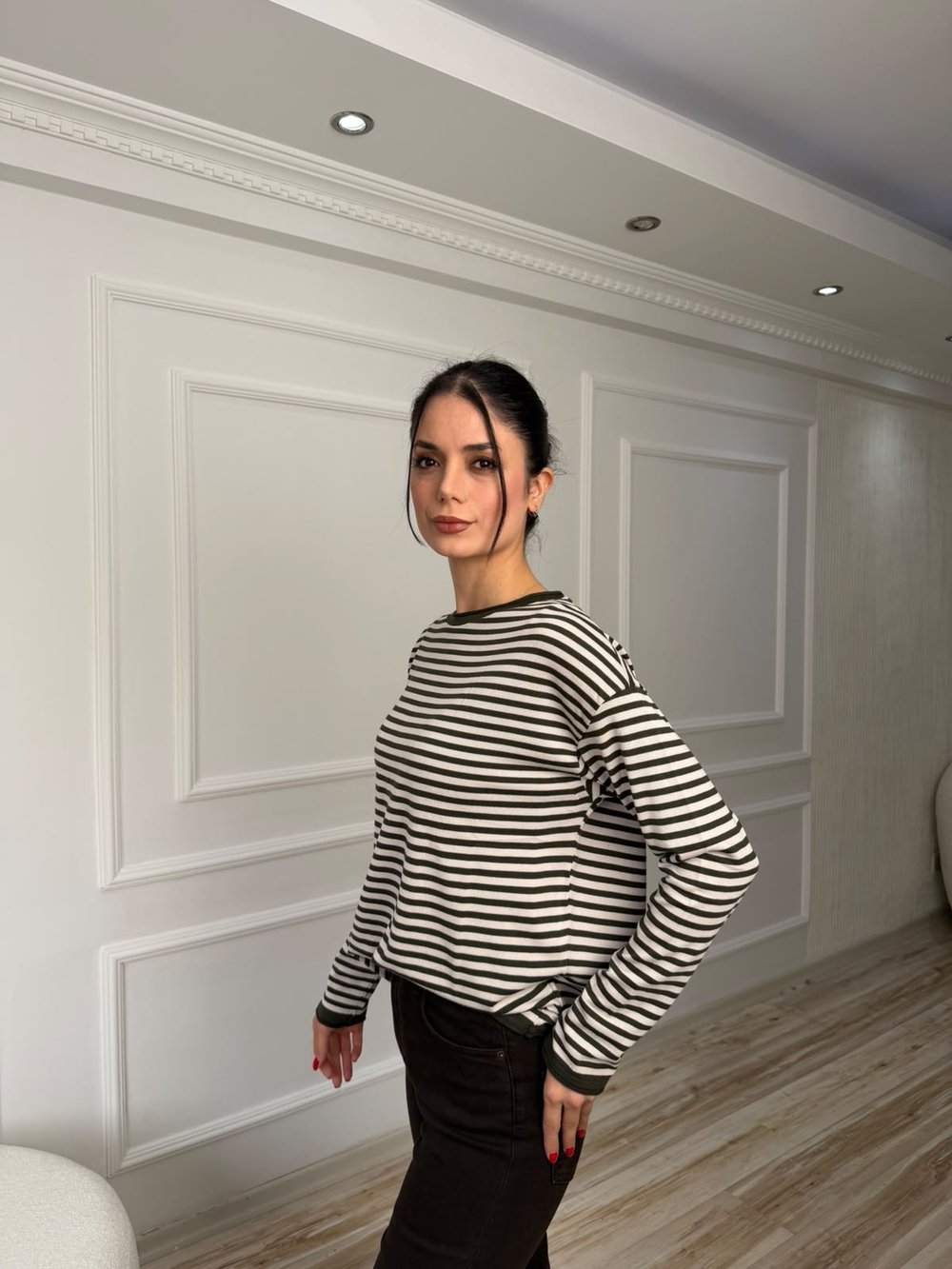 Bisiklet Yaka İnce Çizgili Uzun Kollu Bluz - HAKİ-BEJ