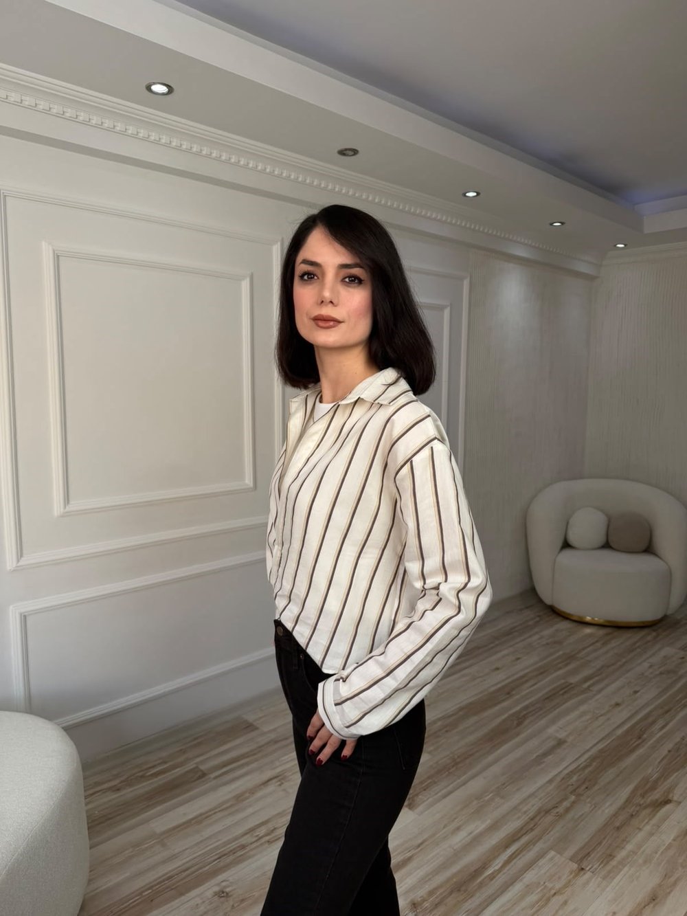 Atlet Detaylı Çizgili Gömlek - KREM