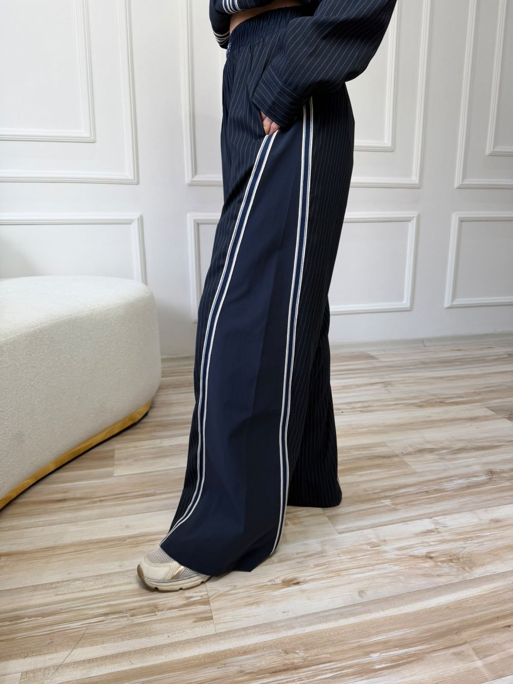 Şerit Detaylı Çizgili Geniş Paça Pantolon - LACİ