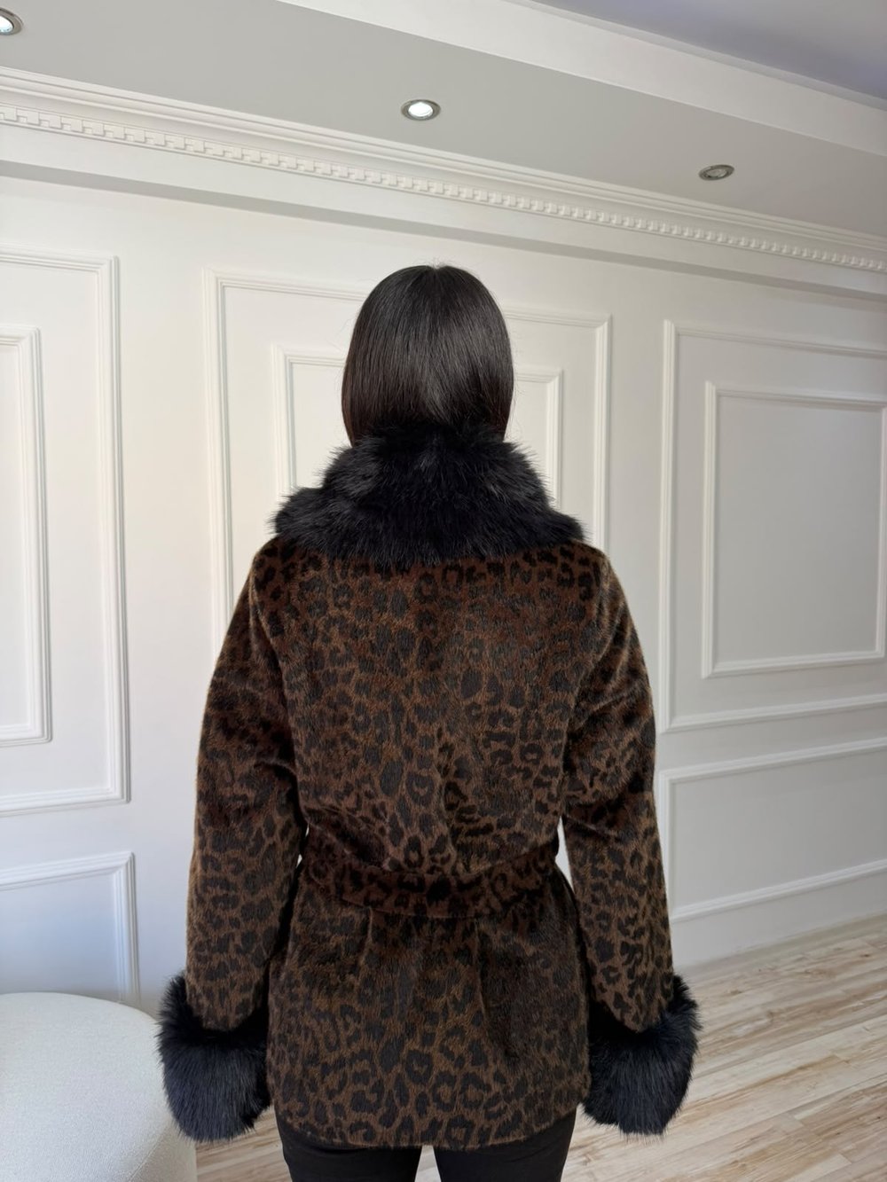 Leopar Desenli Kürk Görünümlü Kemerli Kaban - LEOPAR