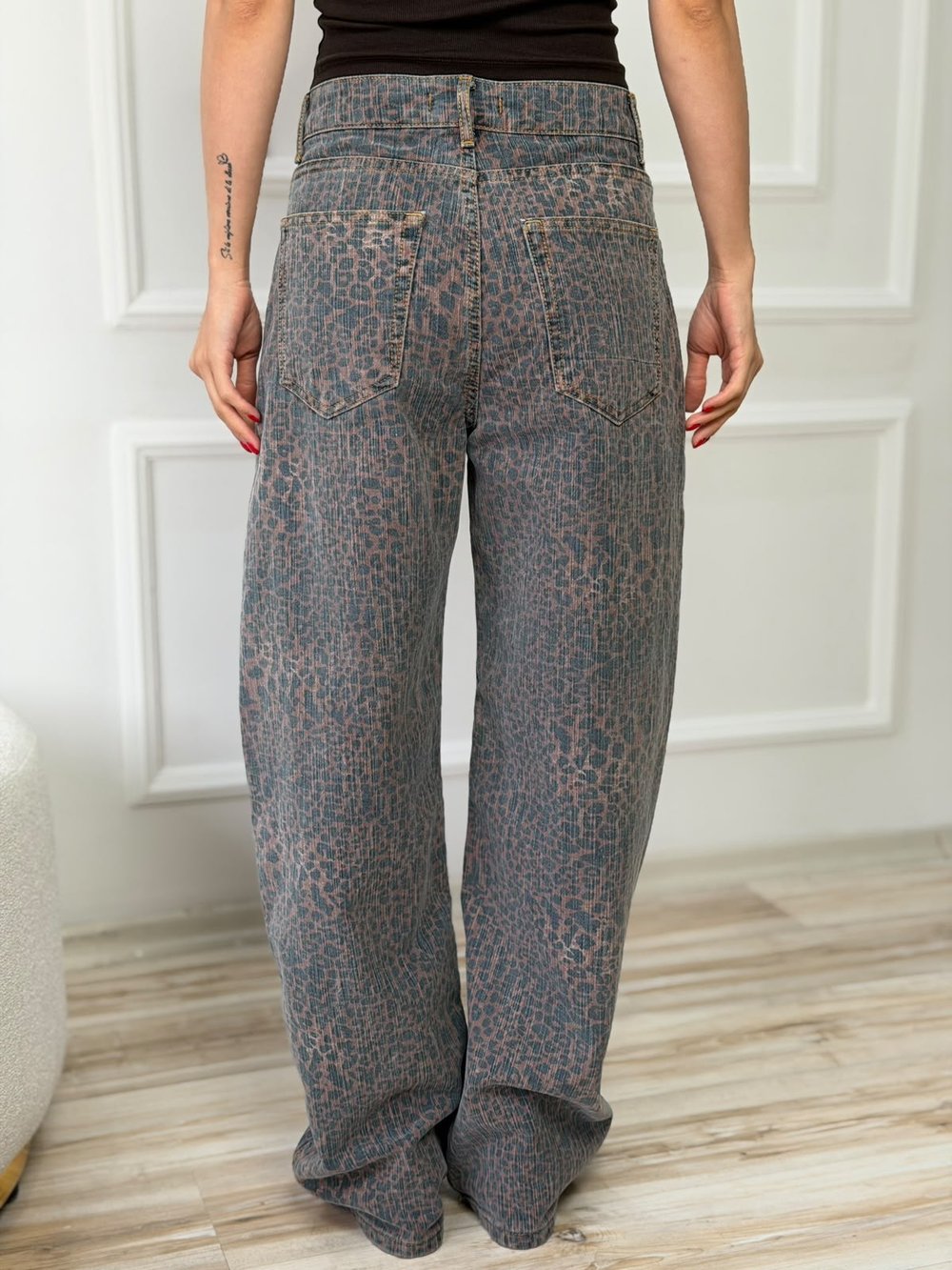 Leopar Desenli Yüksek Bel Geniş Paça Denim Pantolon - KAHVE