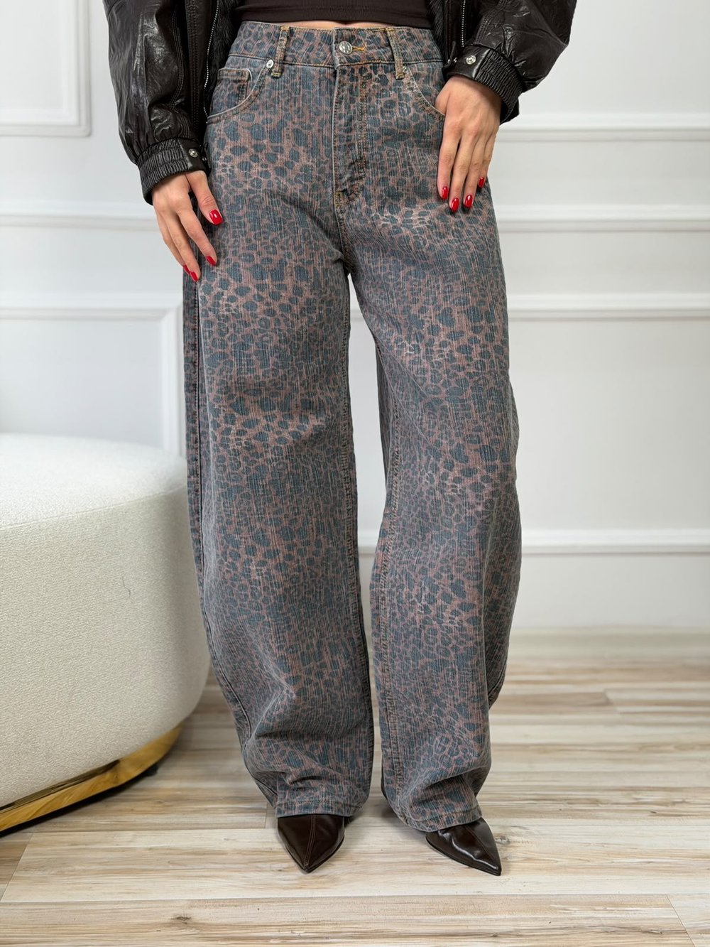 Leopar Desenli Yüksek Bel Geniş Paça Denim Pantolon - KAHVE