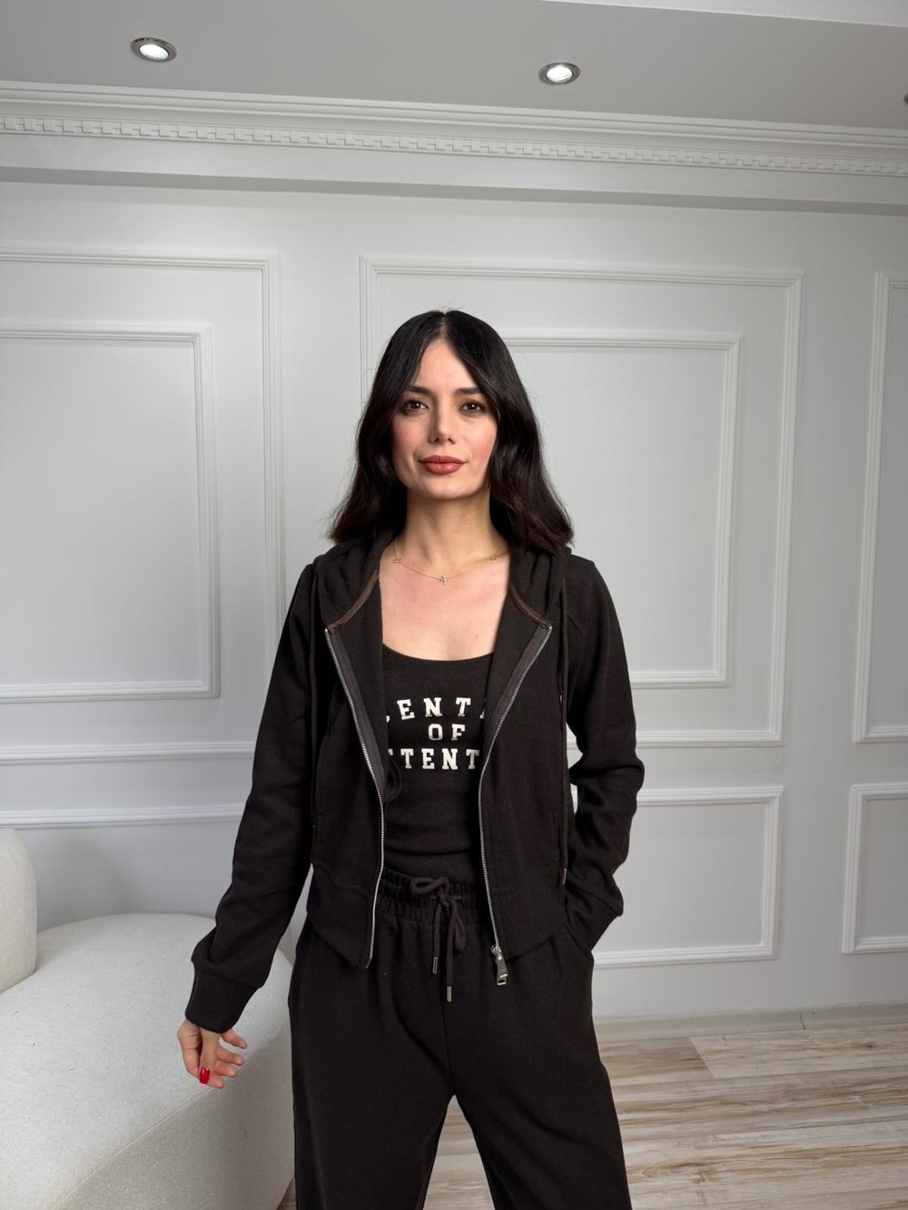 Kapüşonlu Fermuarlı Sweatshirt - KAHVE