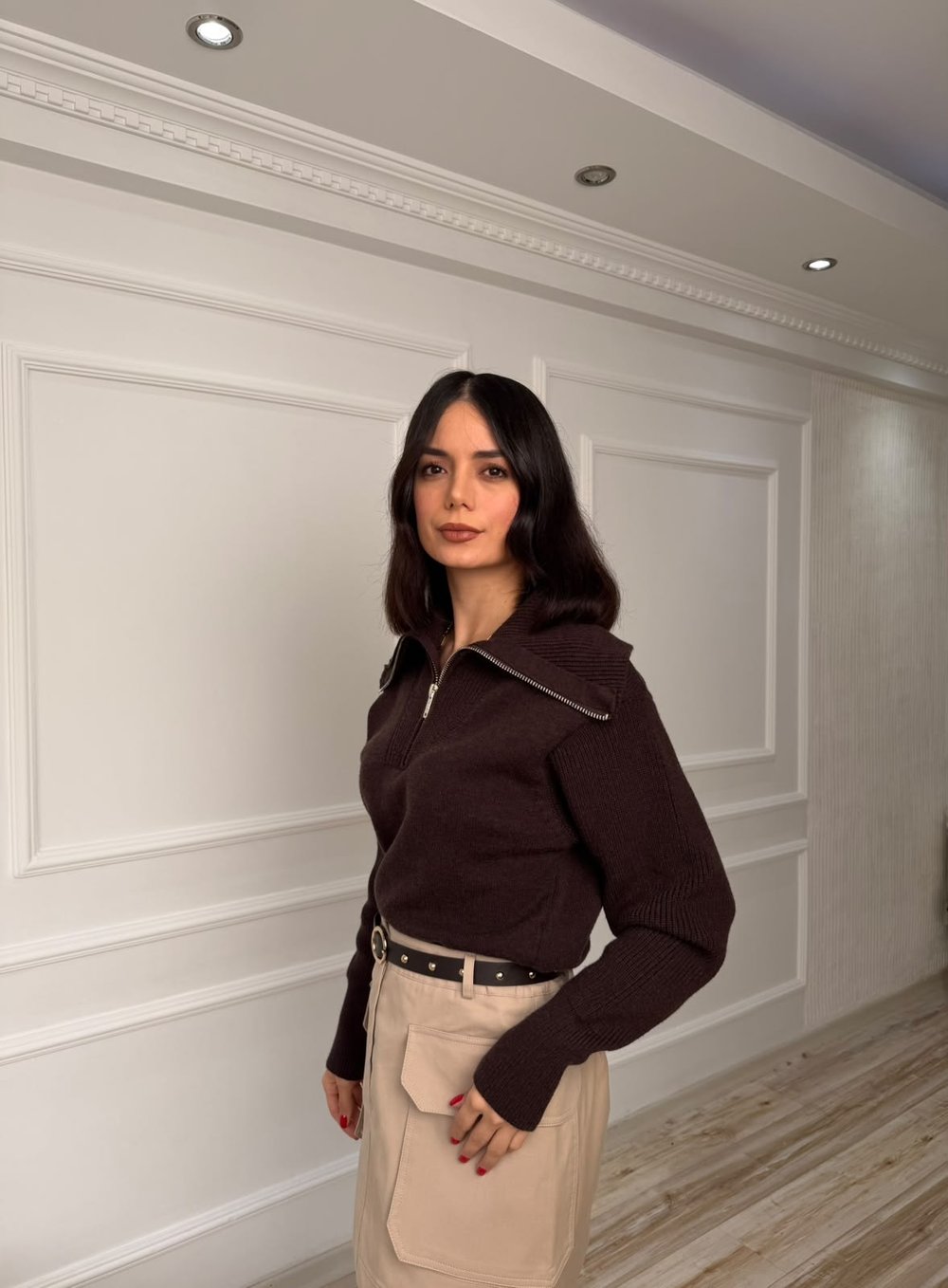 Geniş Yaka Fermuarlı Crop Triko Kazak - KAHVE