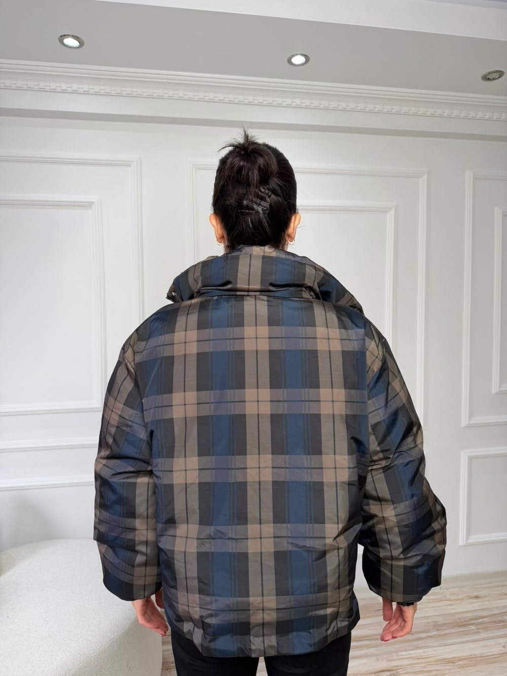 Dik Yaka Ekose Desenli Oversize Şişme Mont - HAKİ