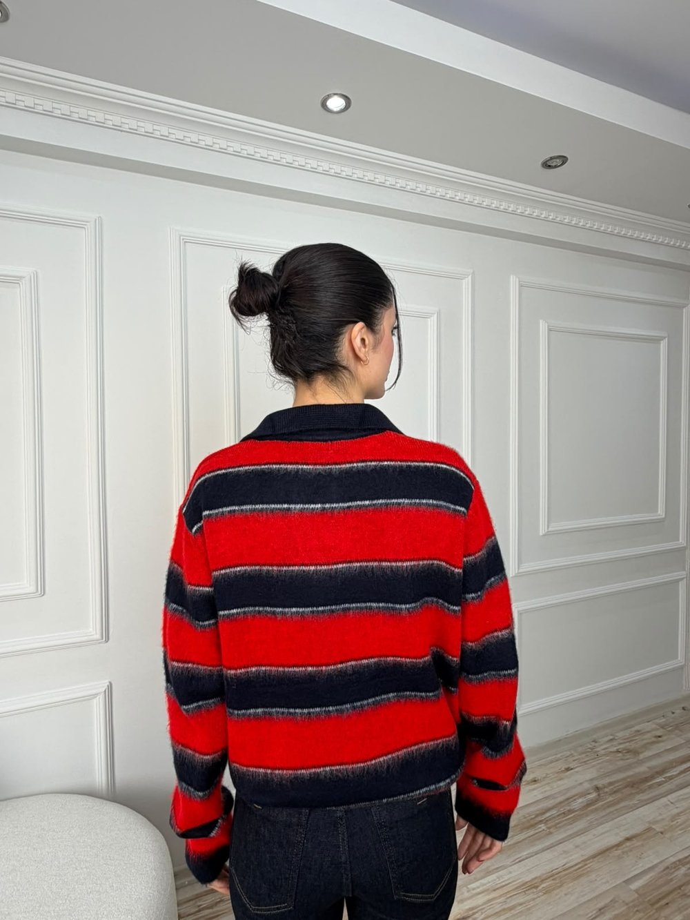 Polo Yaka Çizgili Oversize Triko Kazak - LACİ-KIRMIZI