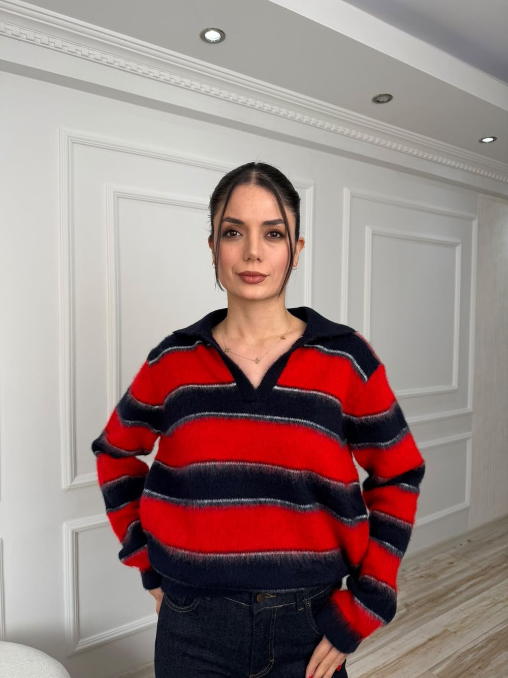 Polo Yaka Çizgili Oversize Triko Kazak - LACİ-KIRMIZI