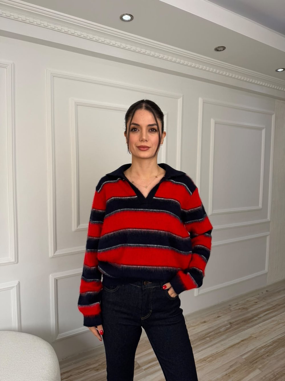 Polo Yaka Çizgili Oversize Triko Kazak - LACİ-KIRMIZI