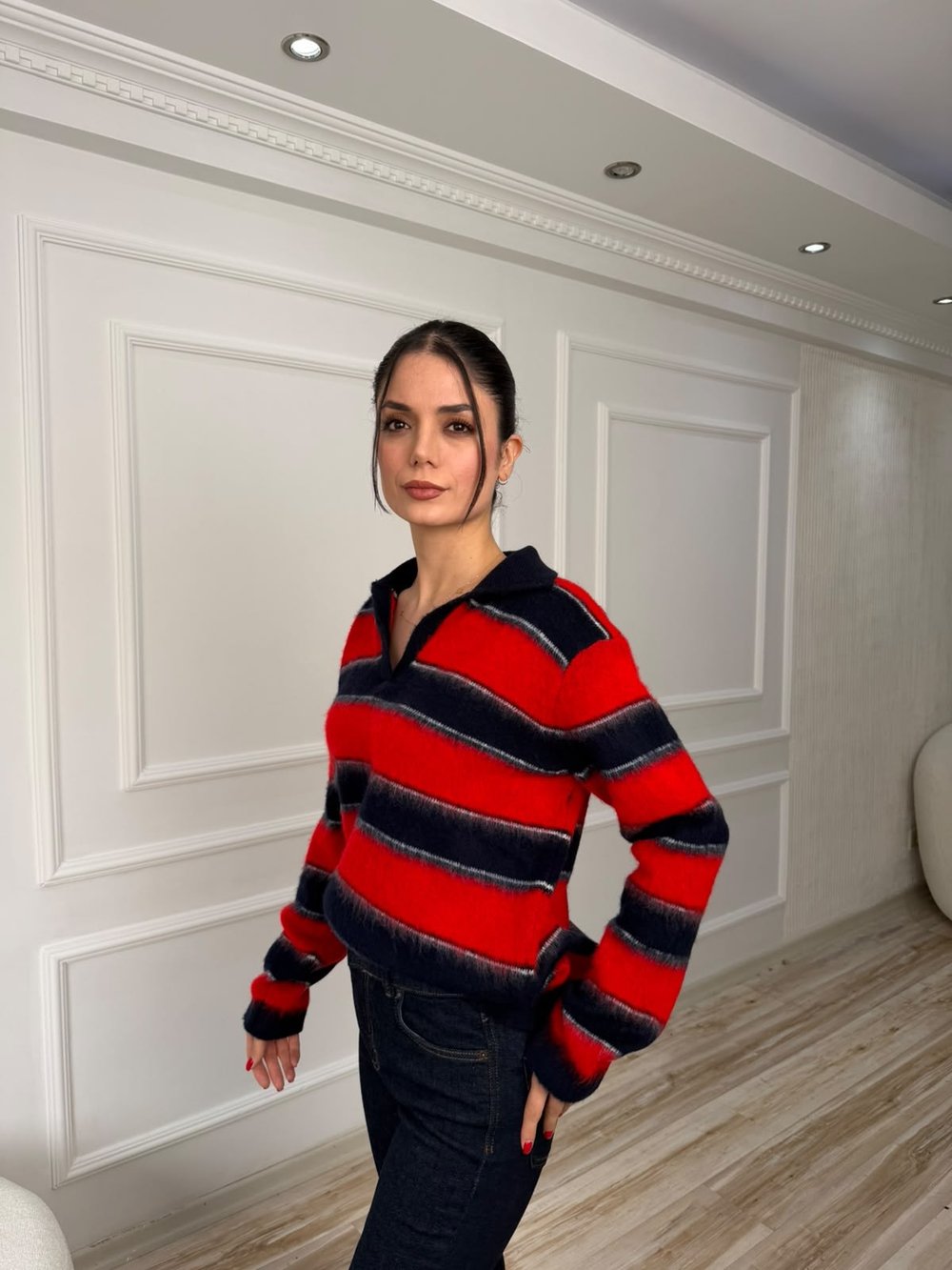 Polo Yaka Çizgili Oversize Triko Kazak - LACİ-KIRMIZI