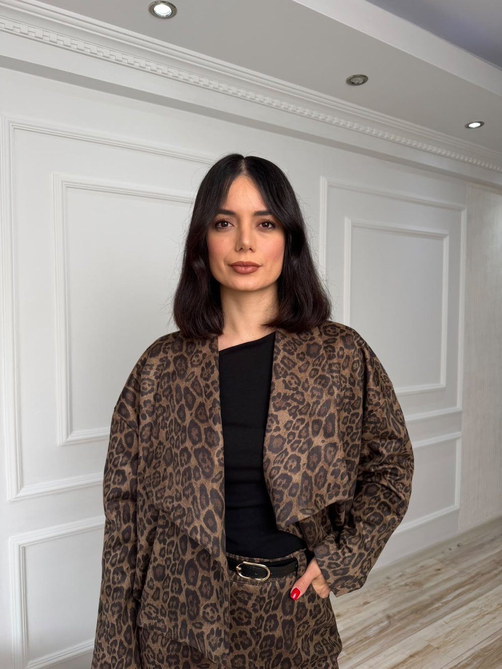 Leopar Desenli Şal Yaka Oversize Ceket - KAHVE