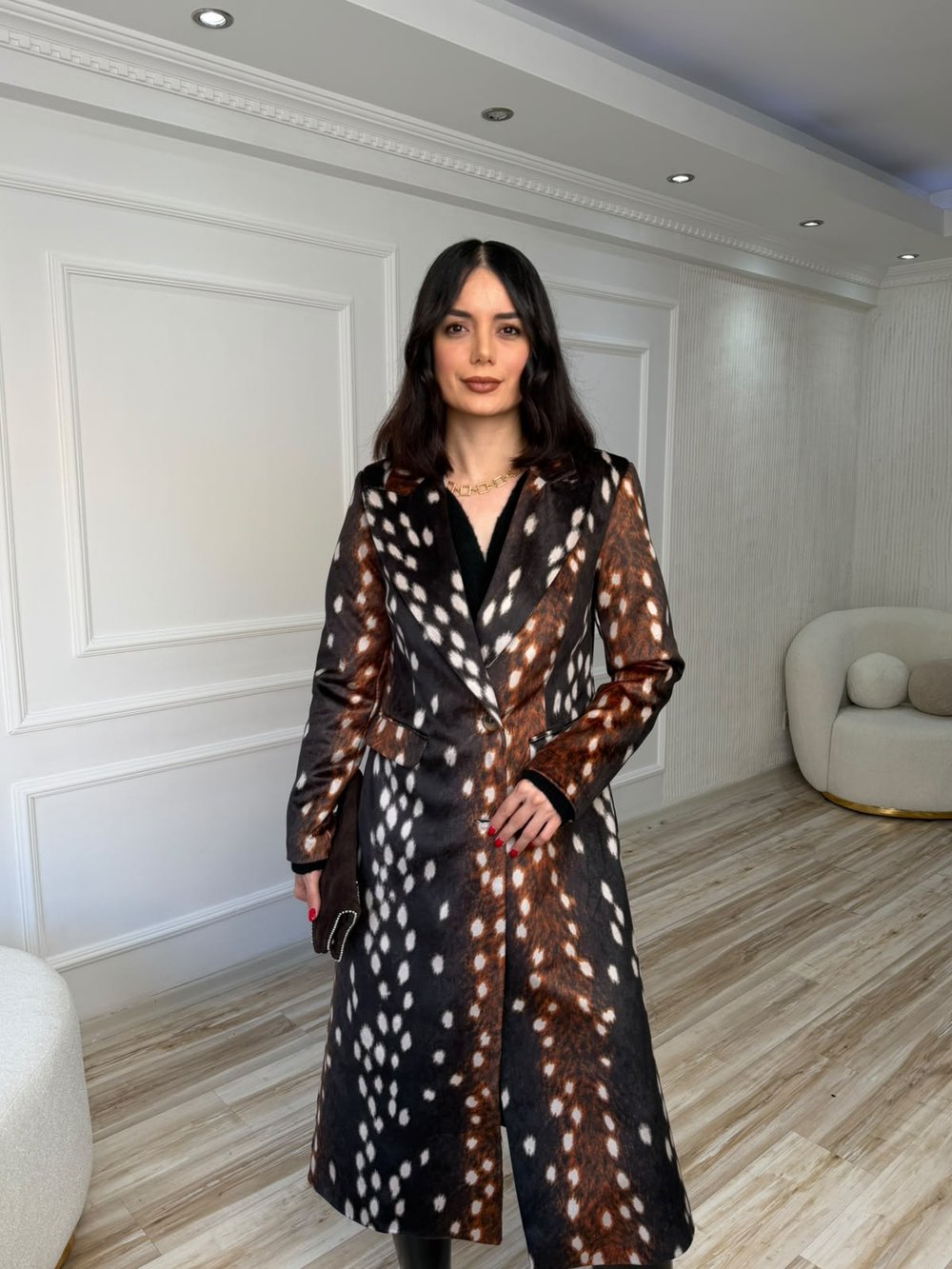 Bambi Desenli Tek Düğmeli Uzun Kaban - KAHVE
