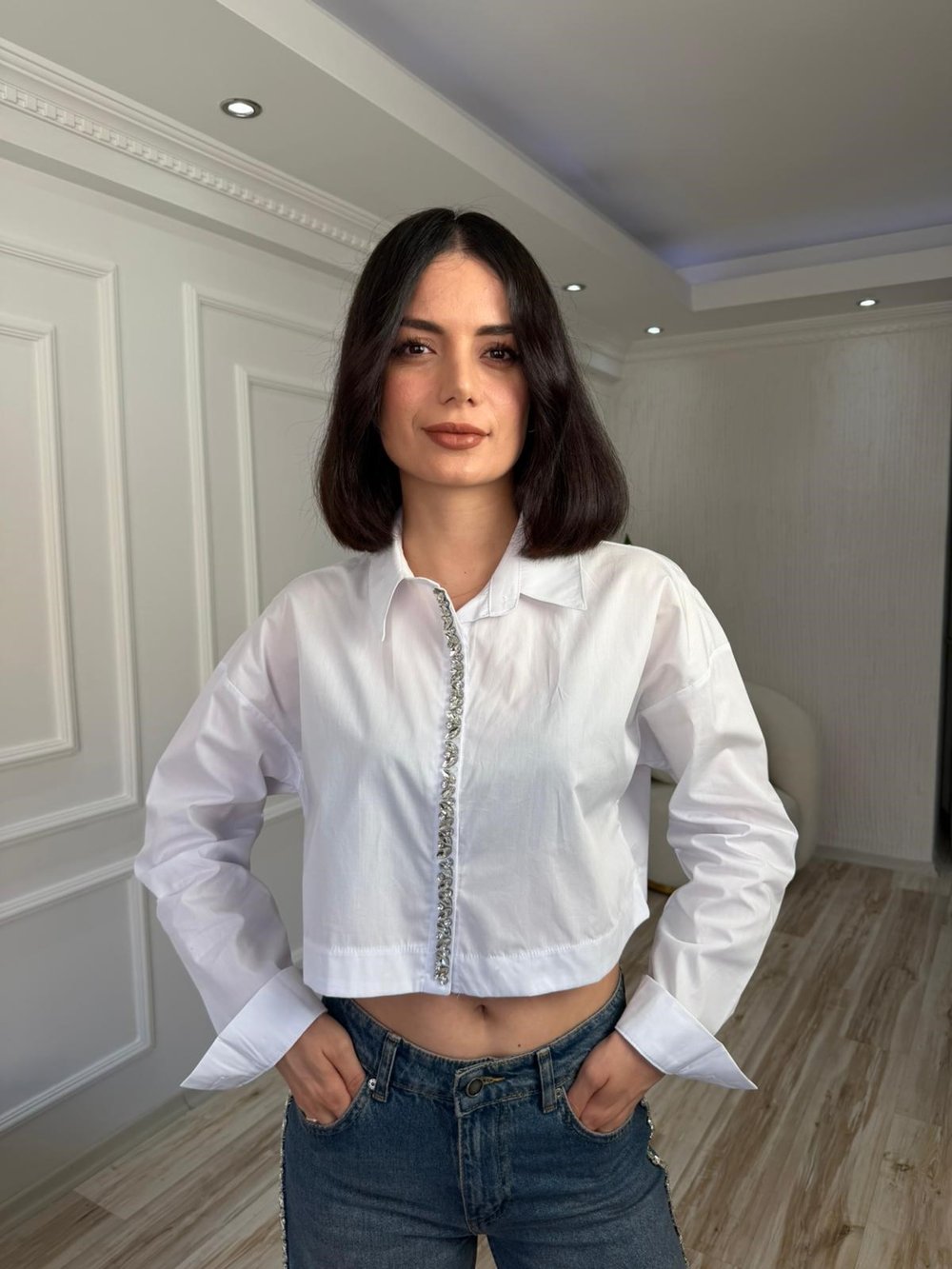 26-2XB0085 - 27408-X3 MİSS POEM PAT ÜSTÜ ŞERİT GÖMLEK - BEYAZ
