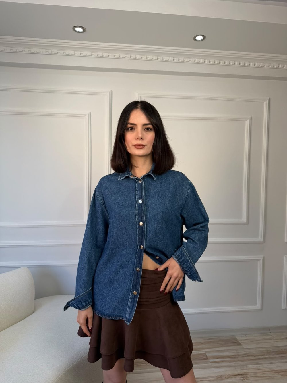 Bağcık Detaylı Oversize Denim Gömlek - LACİ