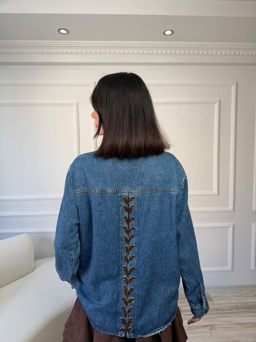 Bağcık Detaylı Oversize Denim Gömlek - LACİ