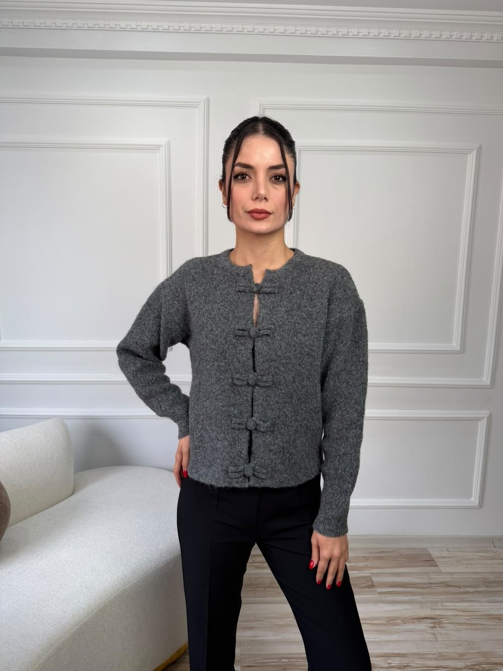 Düğüm Düğme Detaylı Triko Hırka - GRİ