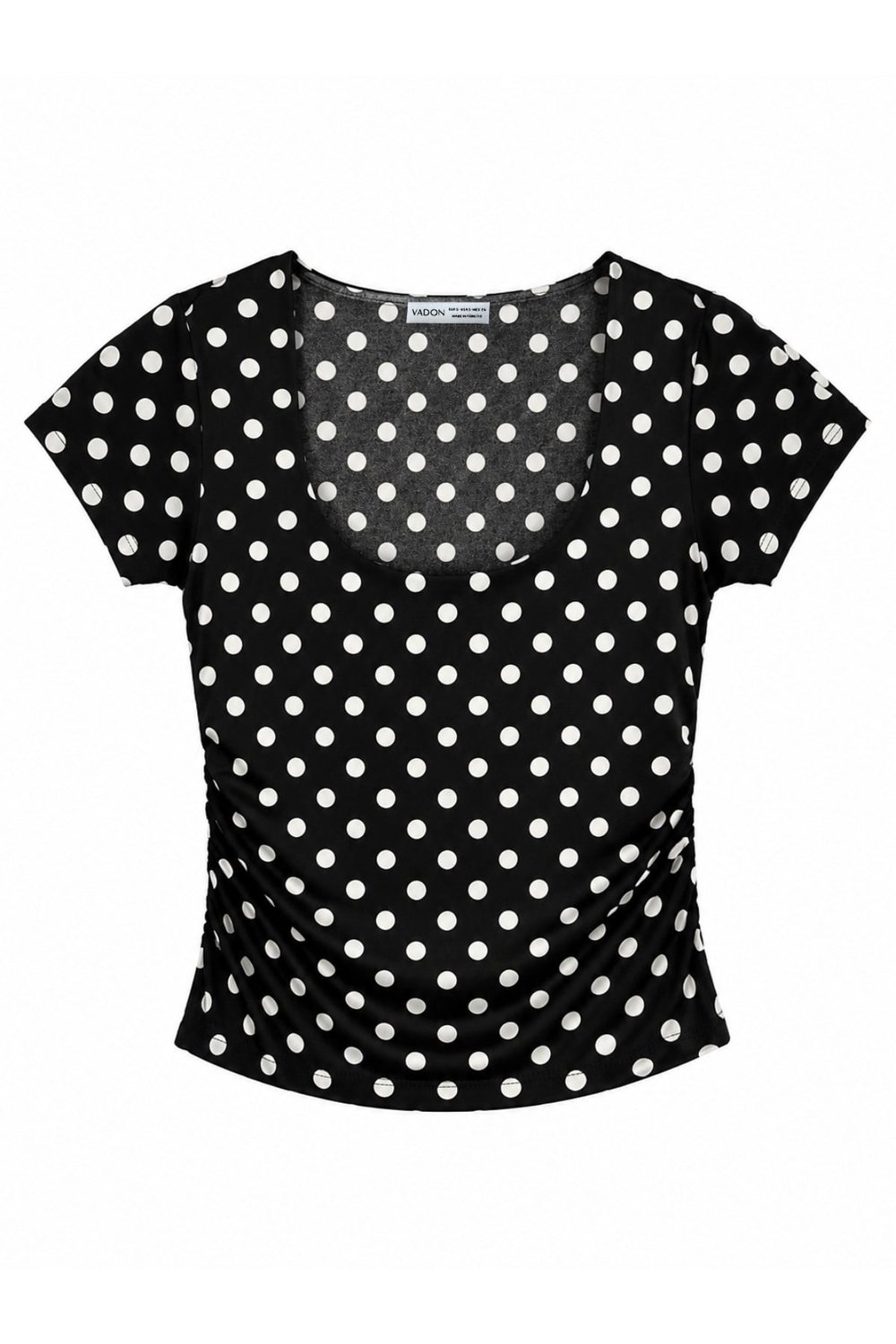 1004 Kadın Pamuklu Kare Yaka Puantiyeli Yan Büzgü Detaylı Crop T-Shirt Bluz Siyah