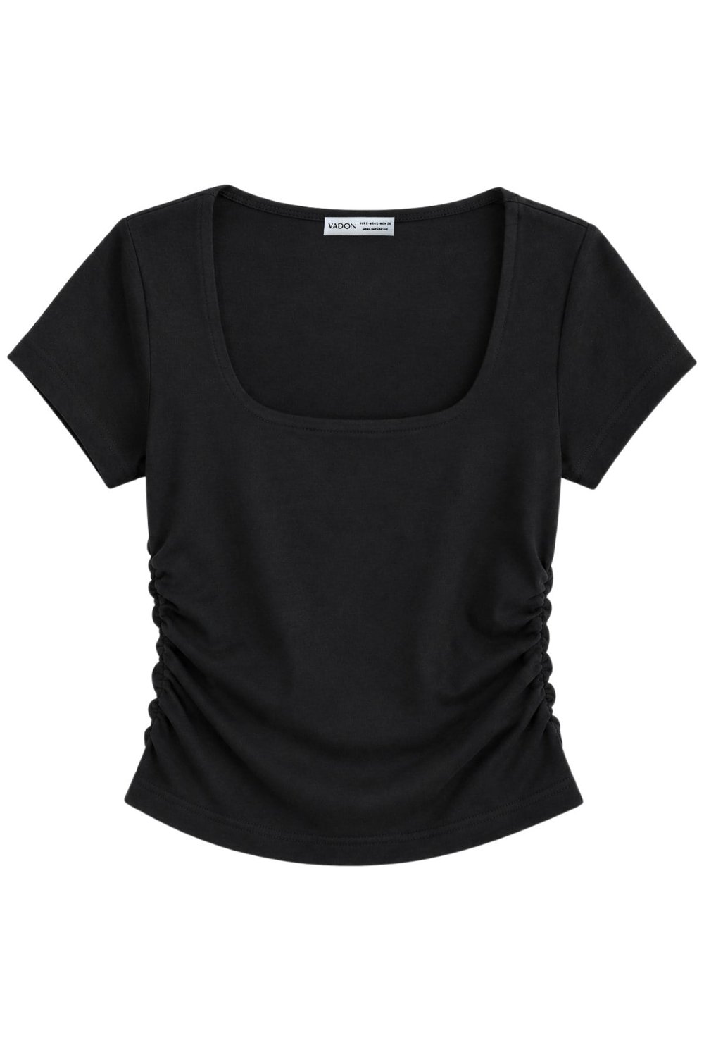 1006 Kadın Pamuklu Kare Yaka Yan Büzgü Detaylı Basic Crop T-Shirt Bluz Siyah