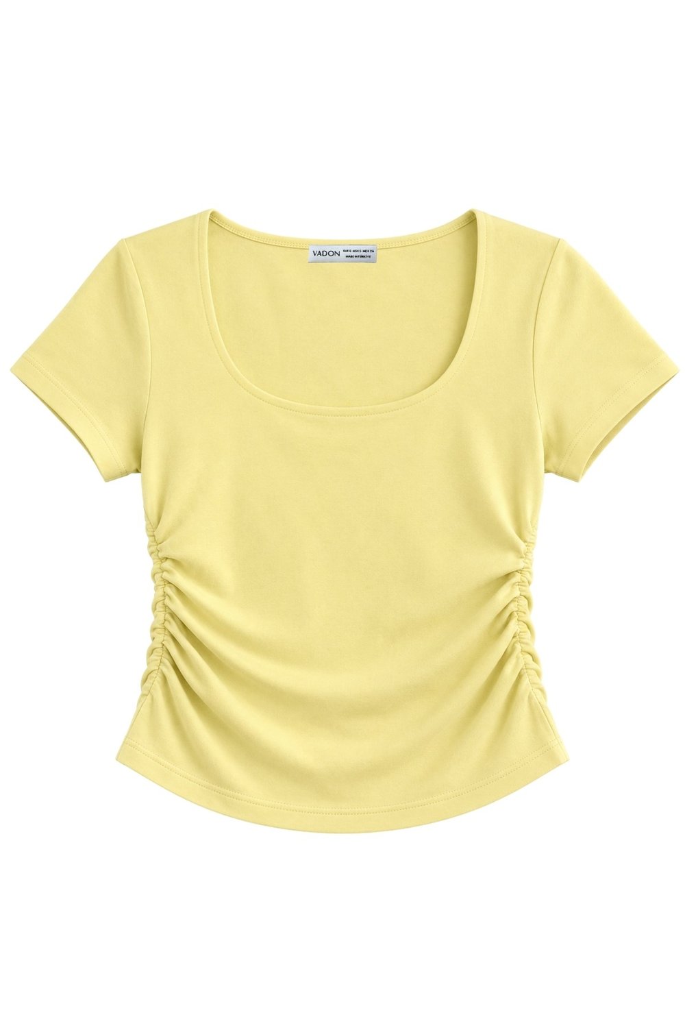 1006 Kadın Pamuklu Kare Yaka Yan Büzgü Detaylı Basic Crop T-Shirt Bluz Tereyağı Sarısı