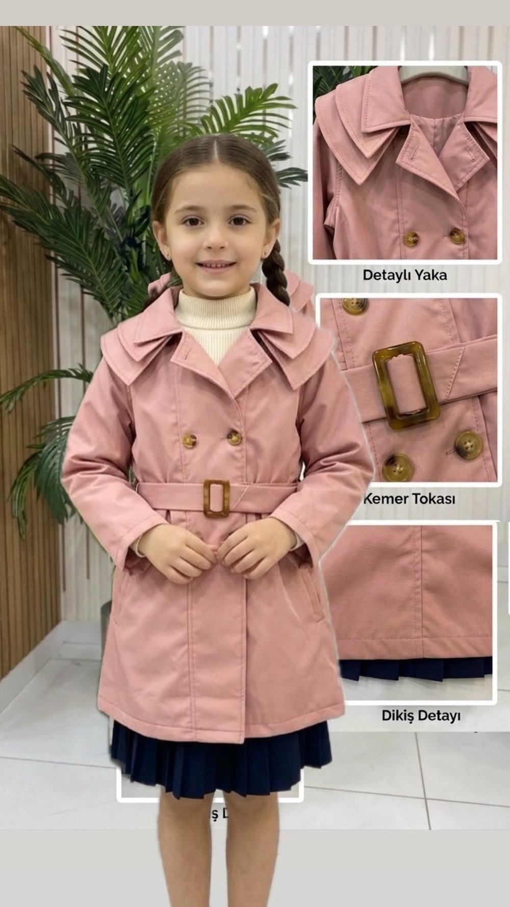Kız Çocuk Pudra Pembe Kemer Detaylı Trençkot