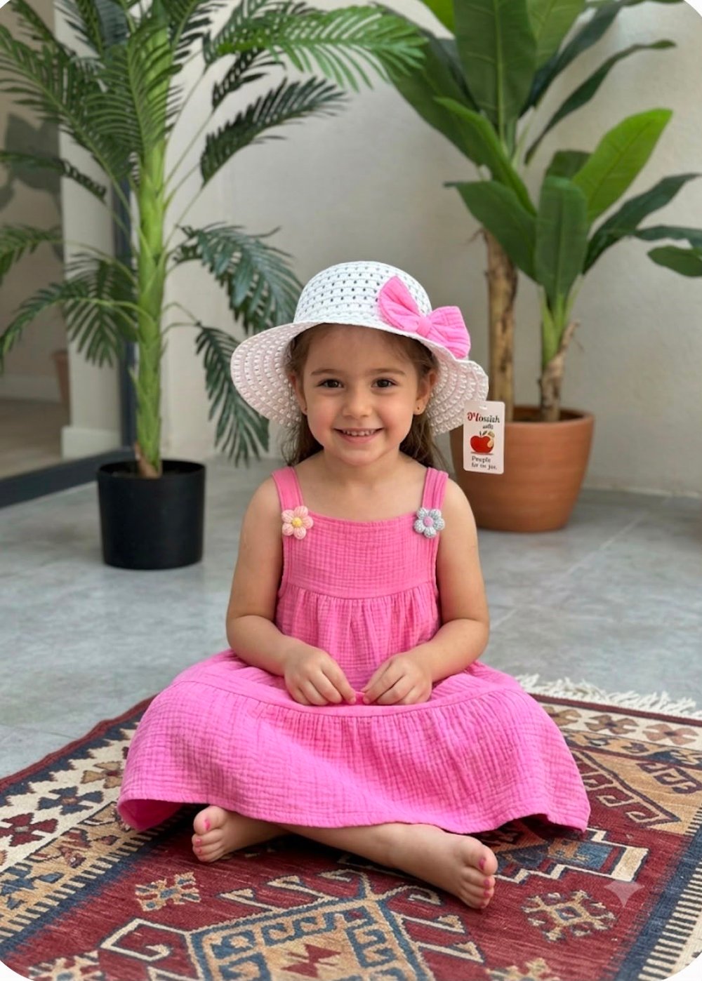 Müslin kumaş örgü çiçekli kız çocuk elbise ve şapka takım