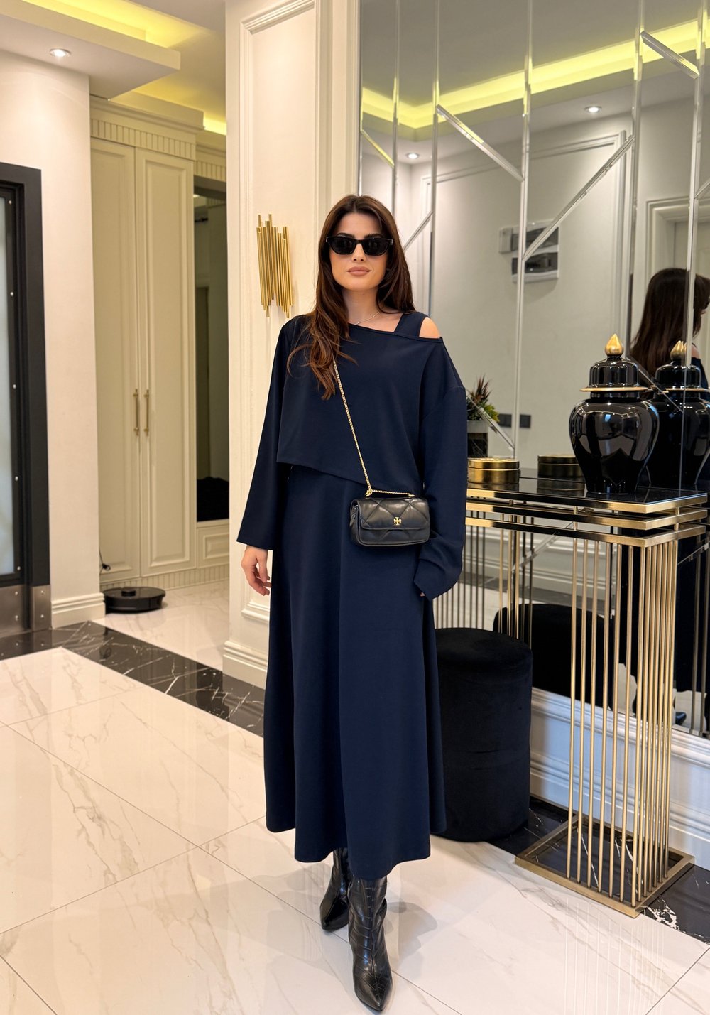 Lacivert Modal Askılı Elbise Crop Bluz Takım