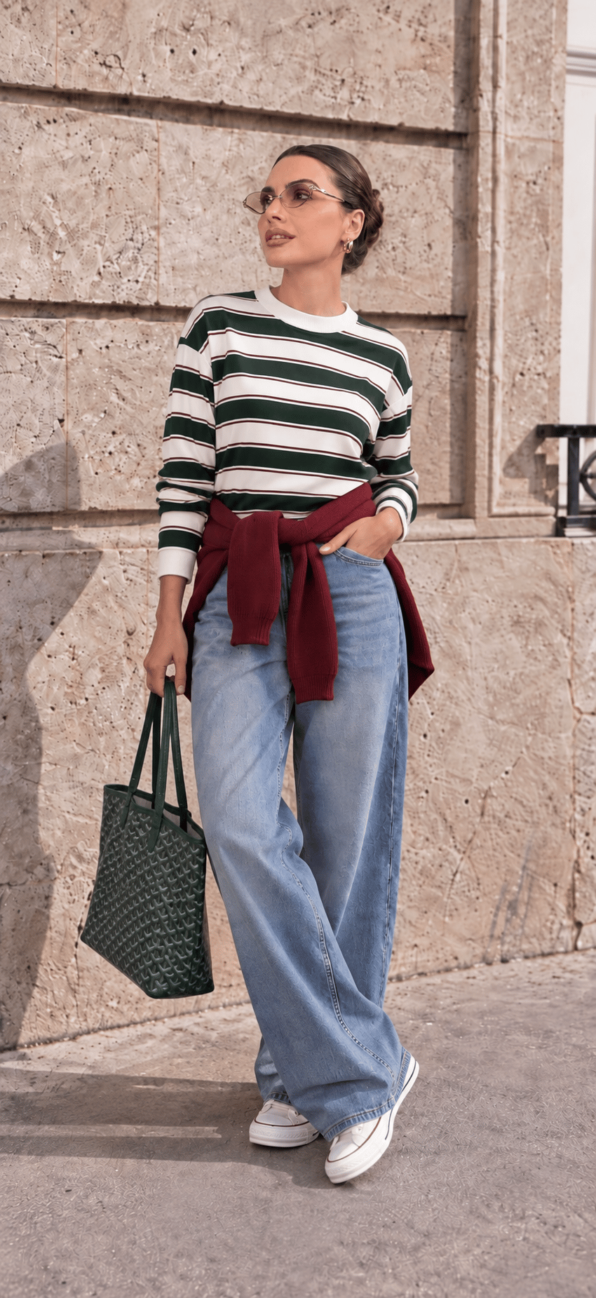 Yeşil Çizgili  Basic Sweatshirt