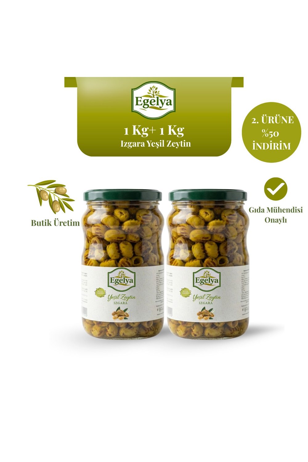 Akhisar Domat Izgara Yeşil Zeytin 1 Kg + 1 Kg Zeytin Paketi | Izgara Dokulu, Dengeli Lezzet