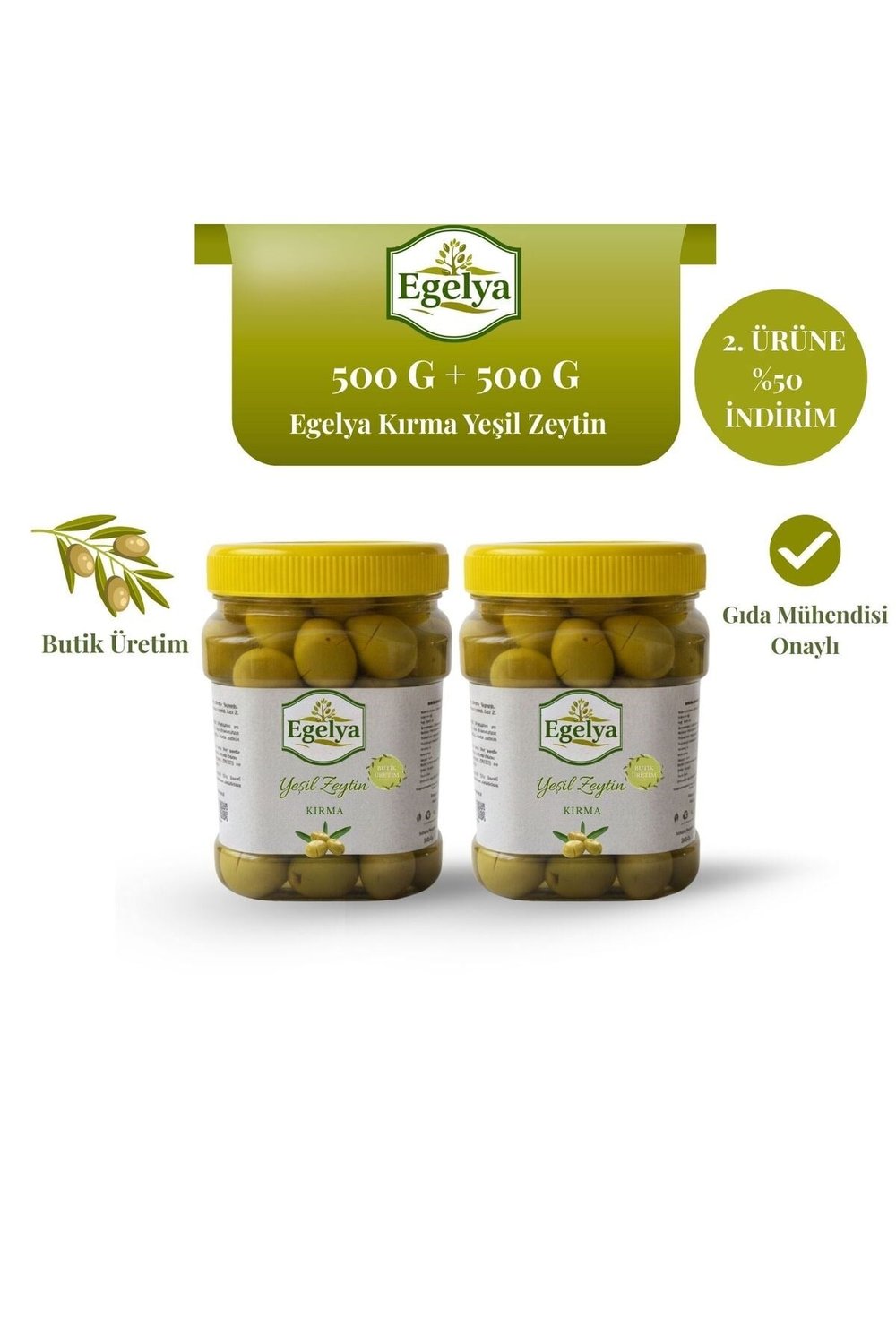Kırma Yeşil Zeytin 500 G + 500 G Zeytin Paketi | 2. Ürüne Yarı Fiyat, Butik üretim