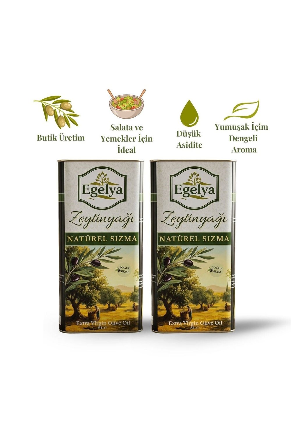 Natürel Sızma Zeytinyağı 2×5 L Teneke Paketi | Soğuk Sıkım, %0,5 Asit
