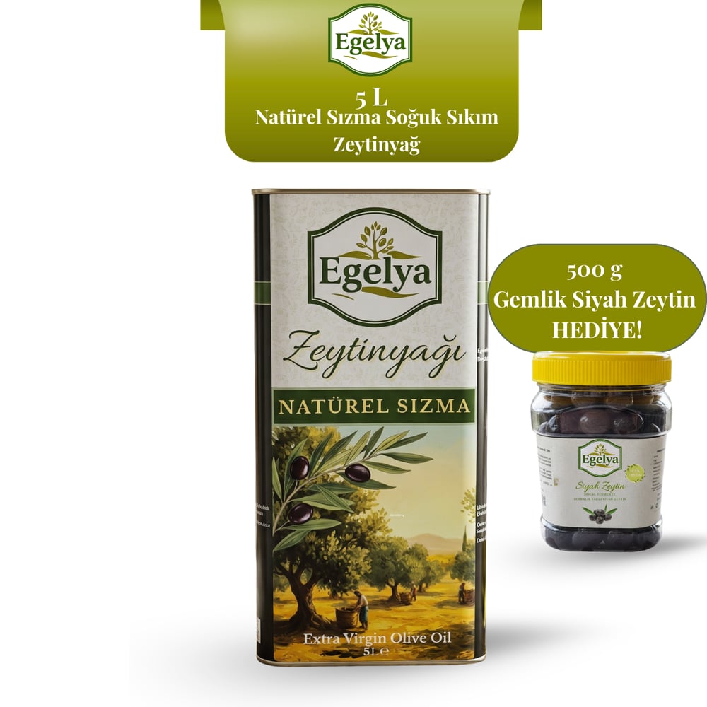 Natürel Sızma Zeytinyağı 5 L Teneke, 500 g Gemlik Siyah Zeytin Hediye