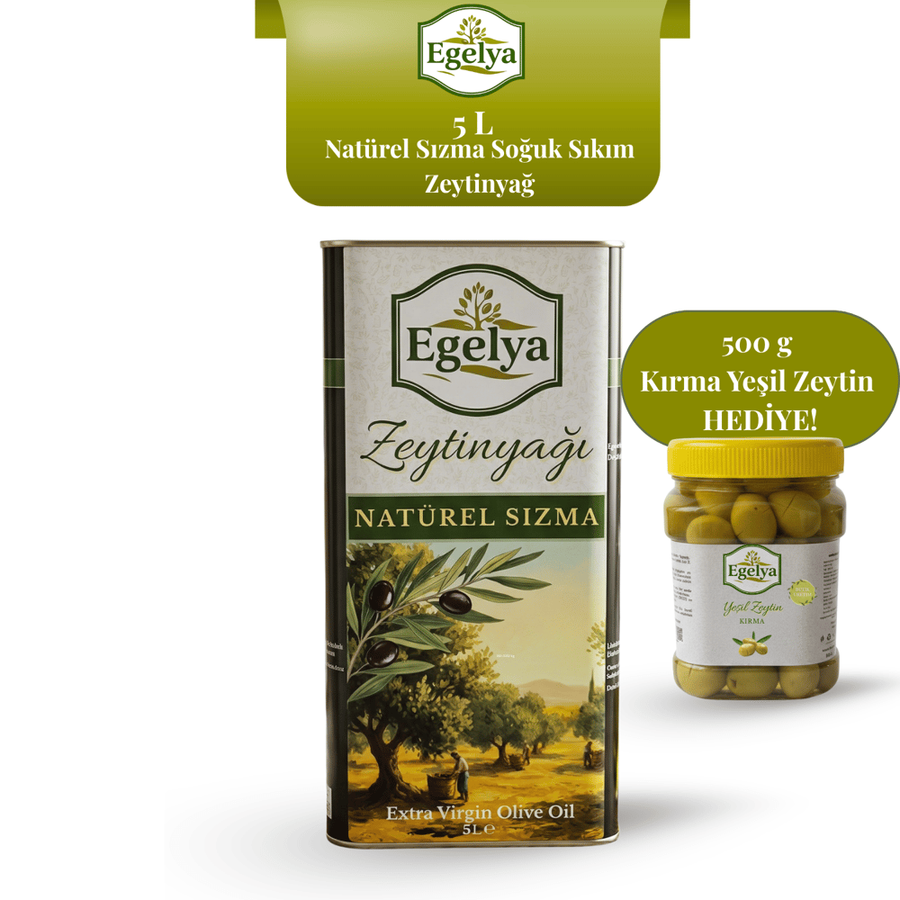 Natürel Sızma Zeytinyağı 5 L Teneke, 500 g Kırma Yeşil Zeytin Hediye