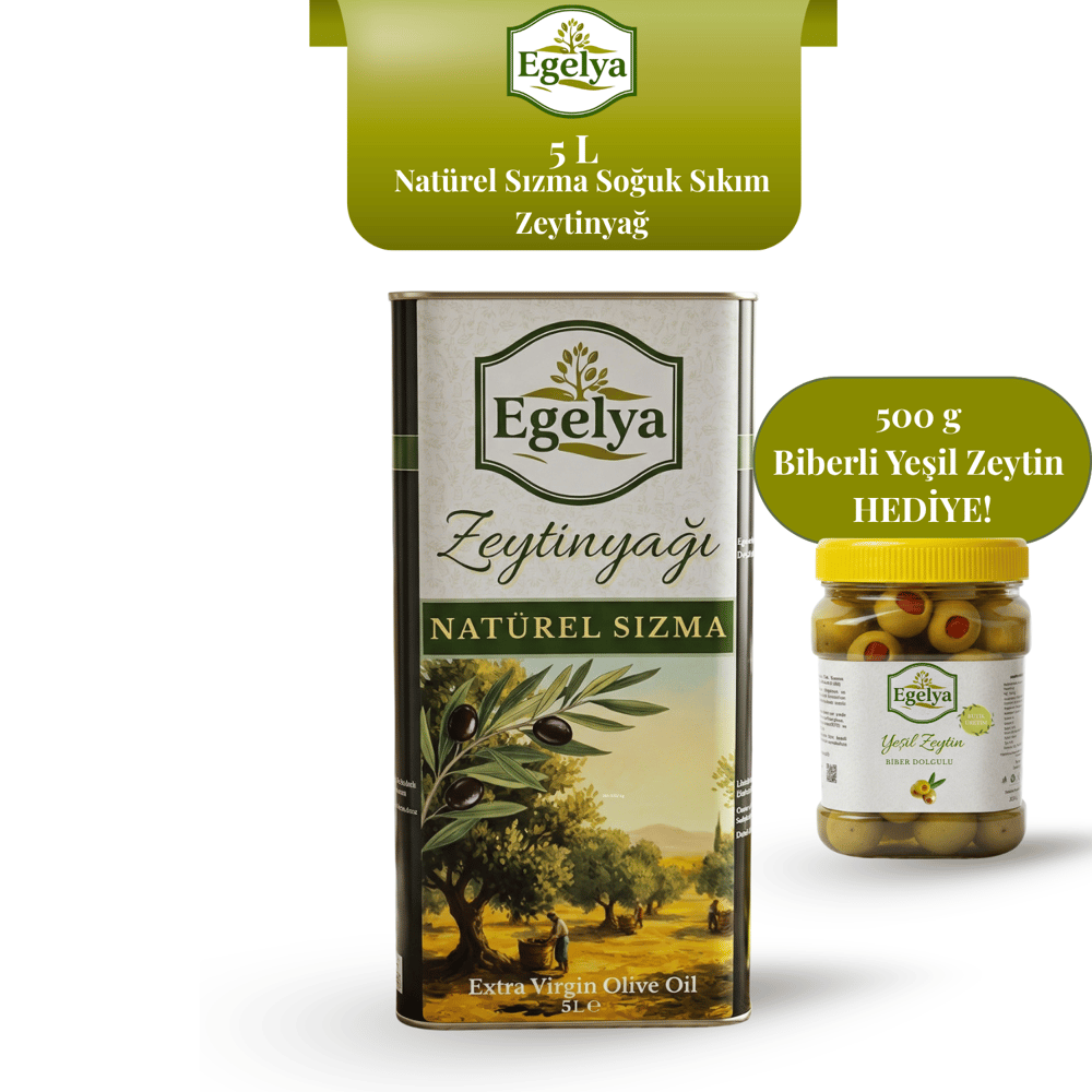 Natürel Sızma Zeytinyağı 5 L Teneke, 500 g Biberli Yeşil Zeytin Hediye