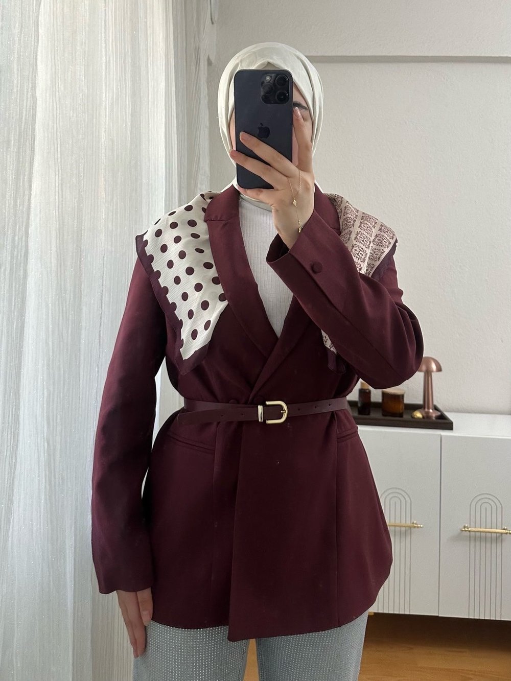 KEMERLİ FULAR DETAYLI BLAZER CEKET | BORDO