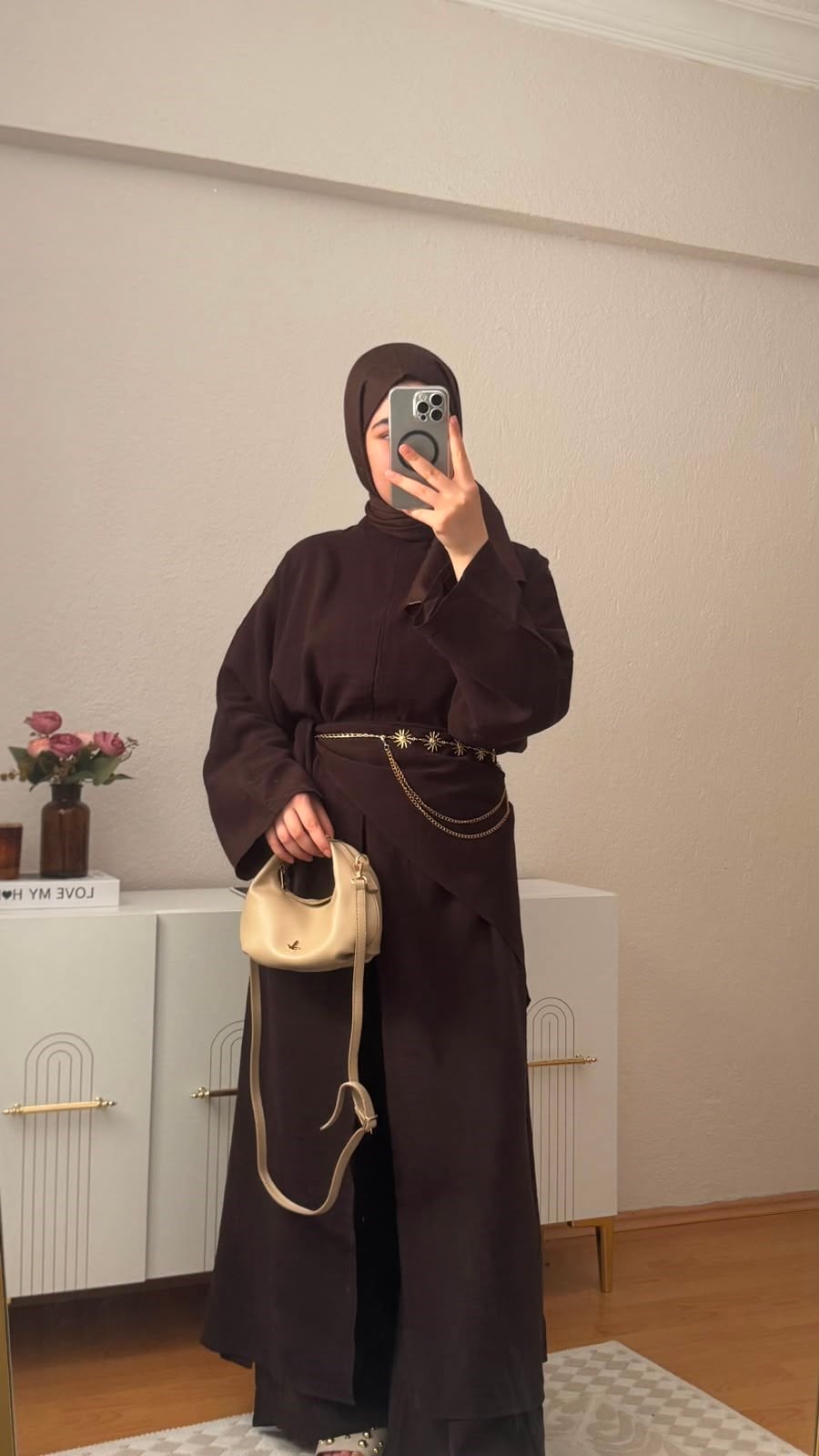 RUS ARABİC ÜÇLÜ ABAYA TAKIM  | ACI KAHVERENGİ