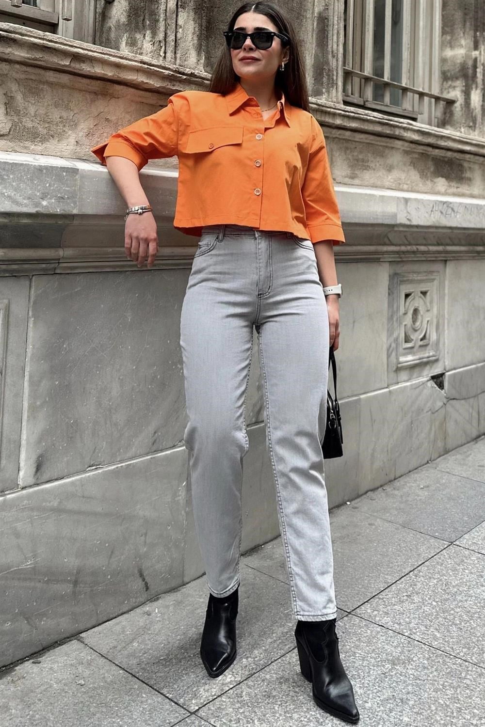 Kadın Gri Yüksek Bel, Rahat Kesim, Boru Paça, Skinny Kot Pantolon - Jeans
