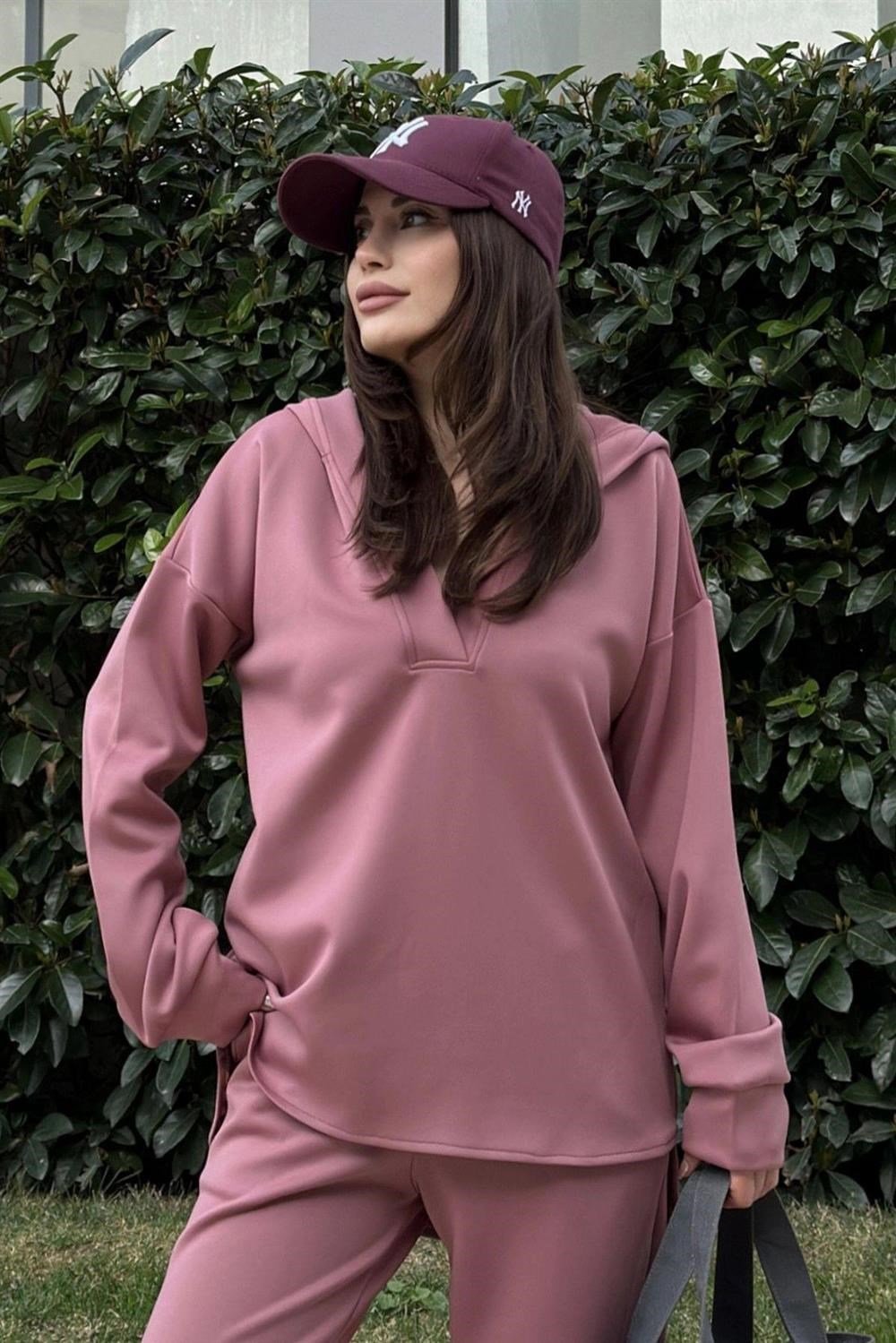 Kadın Gül Kurusu Scuba Kumaş, Salaş Kesim, Kapüşonlu Sweatshirt Bluz