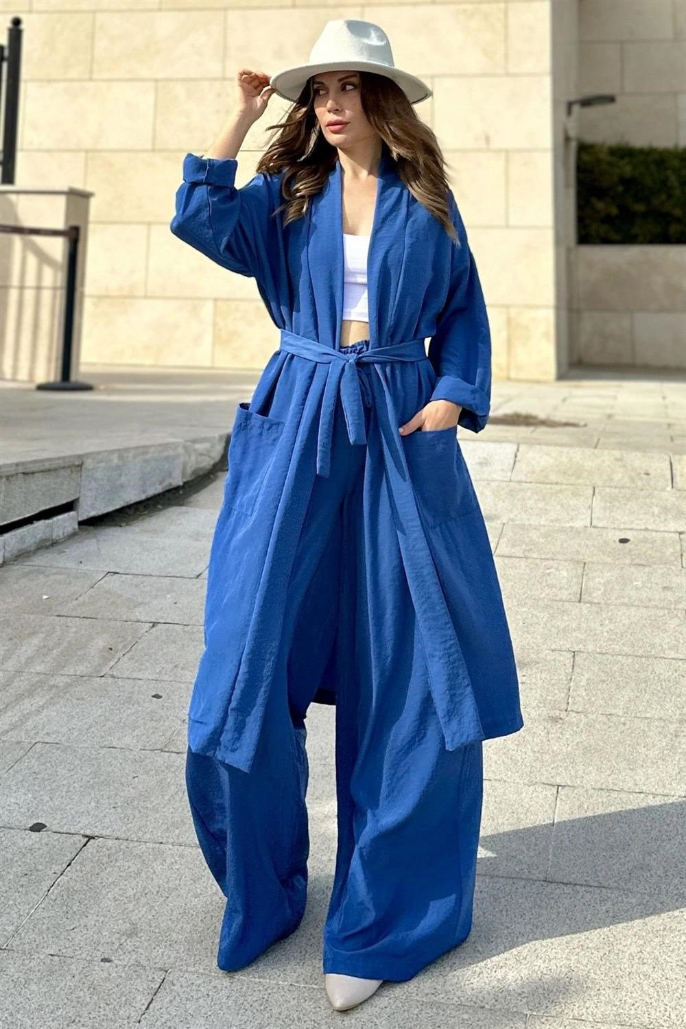 Kadın İndigo Çift Cepli Uzun Kimono & Bol Paça Pantolon - Salaş Alt & Üst Takım