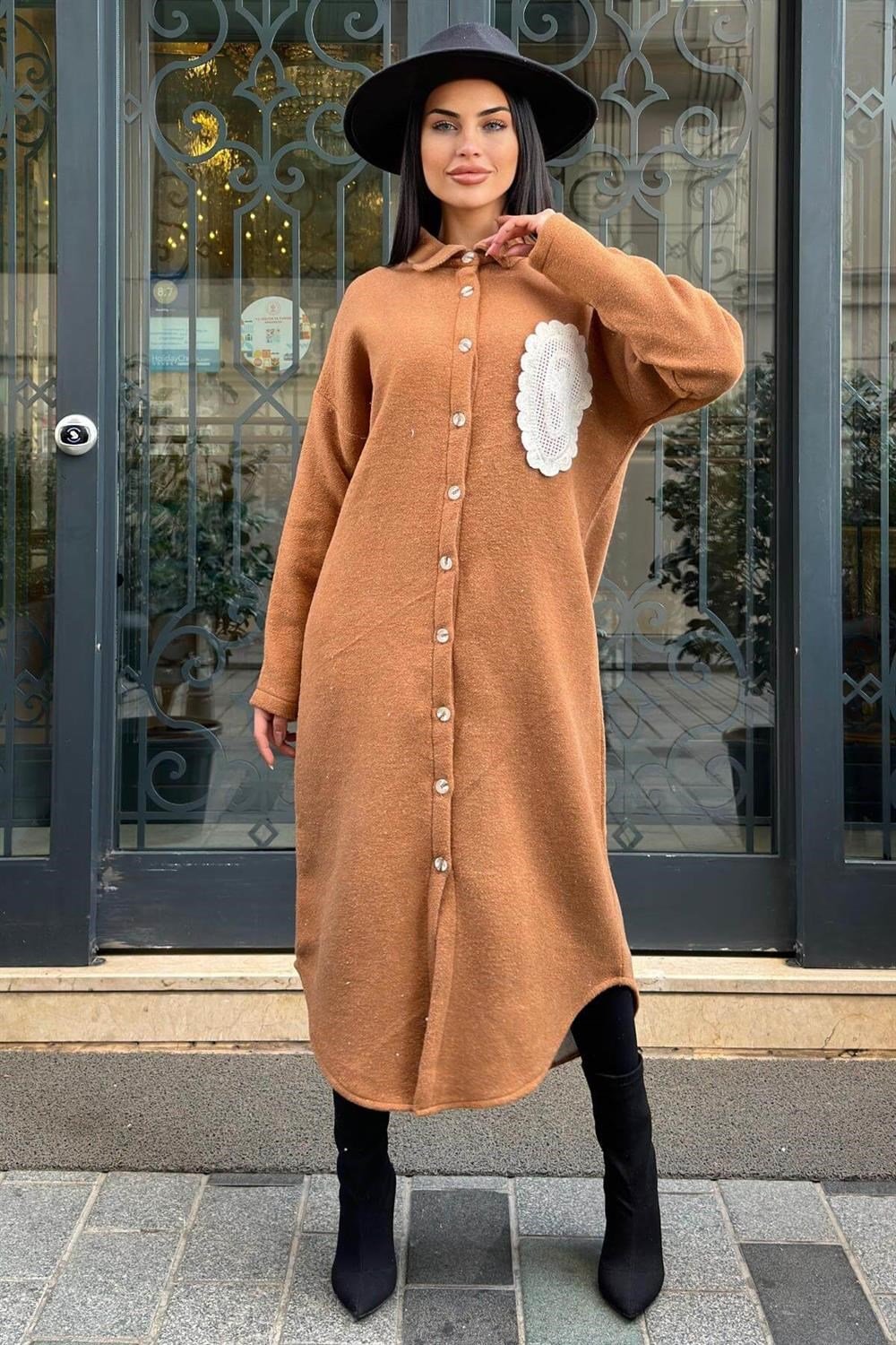 Taba Çift Taraflı Yumoş Dokulu, Aplike Detaylı, Duble Kaşe Gömlek Elbise