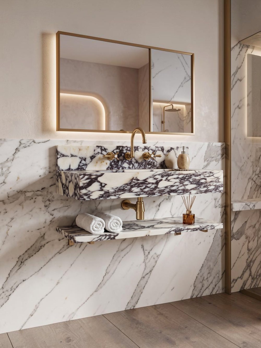 Calacatta Viola Sırtlıklı Raflı Mermer Lavabo - AMSK26026
