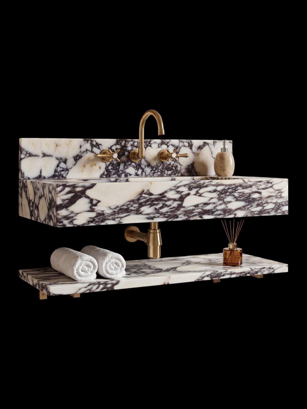 Calacatta Viola Sırtlıklı Raflı Mermer Lavabo - AMSK26026