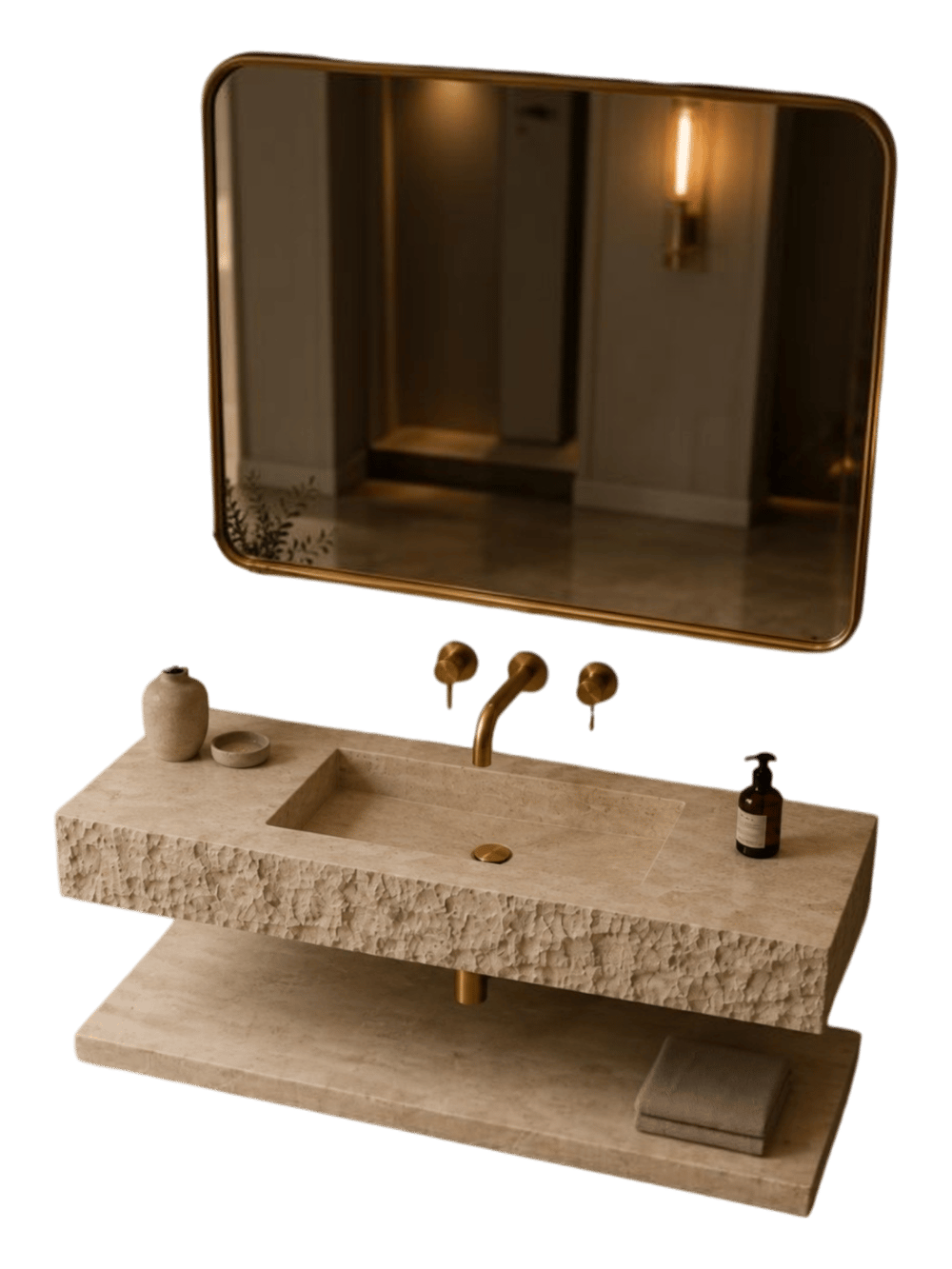 Doğal Traverten Oyma Ön Yüzlü Raflı Lavabo - AMSK26022