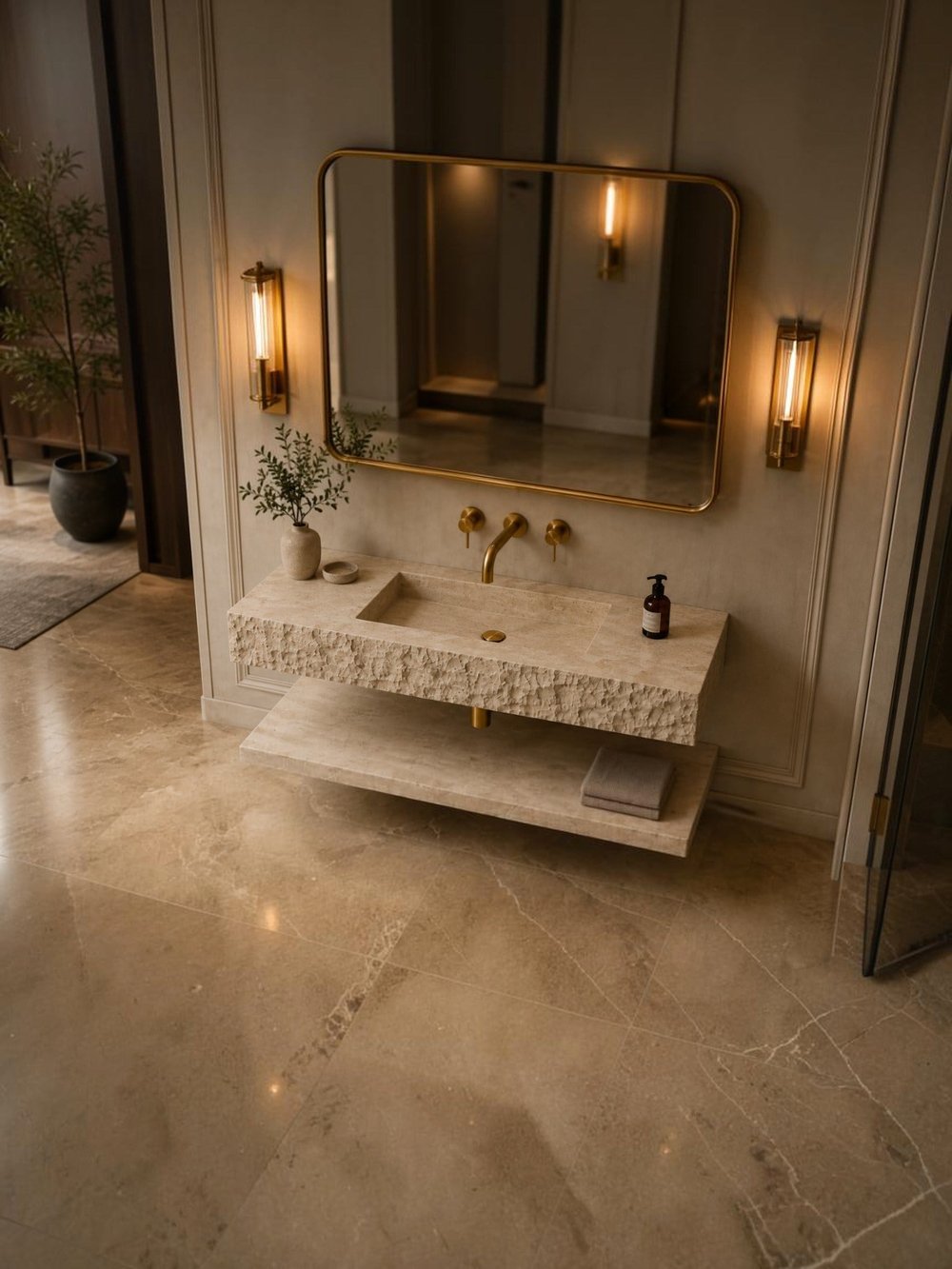 Doğal Traverten Oyma Ön Yüzlü Raflı Lavabo - AMSK26022