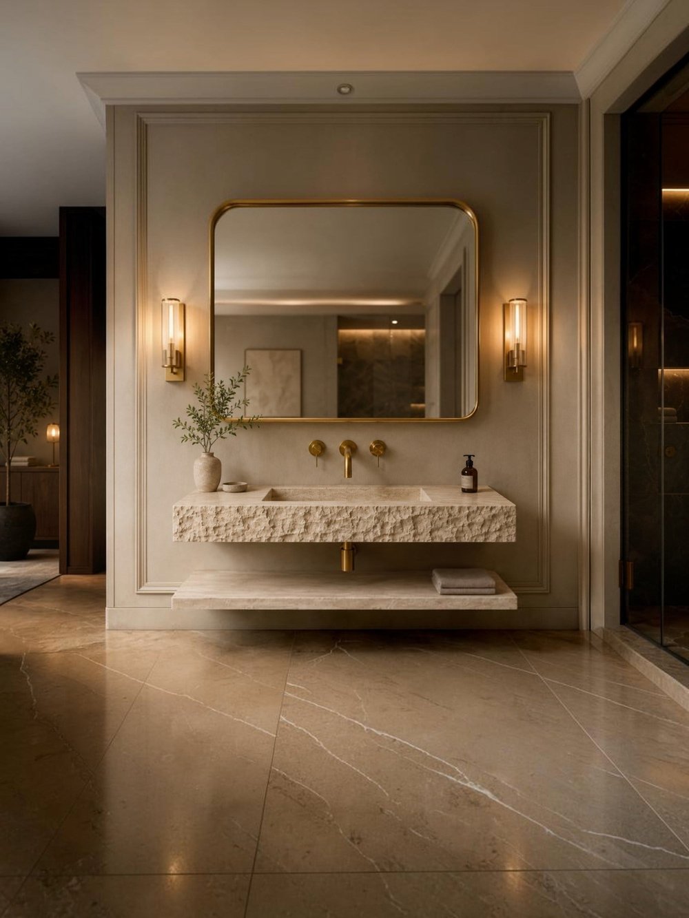 Doğal Traverten Oyma Ön Yüzlü Raflı Lavabo - AMSK26022