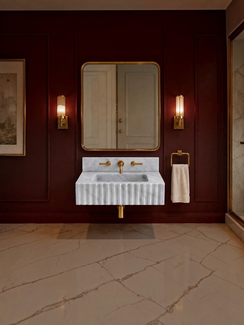 Oluklu Bianco Carrara Raflı Mermer Lavabo - AMSK26024