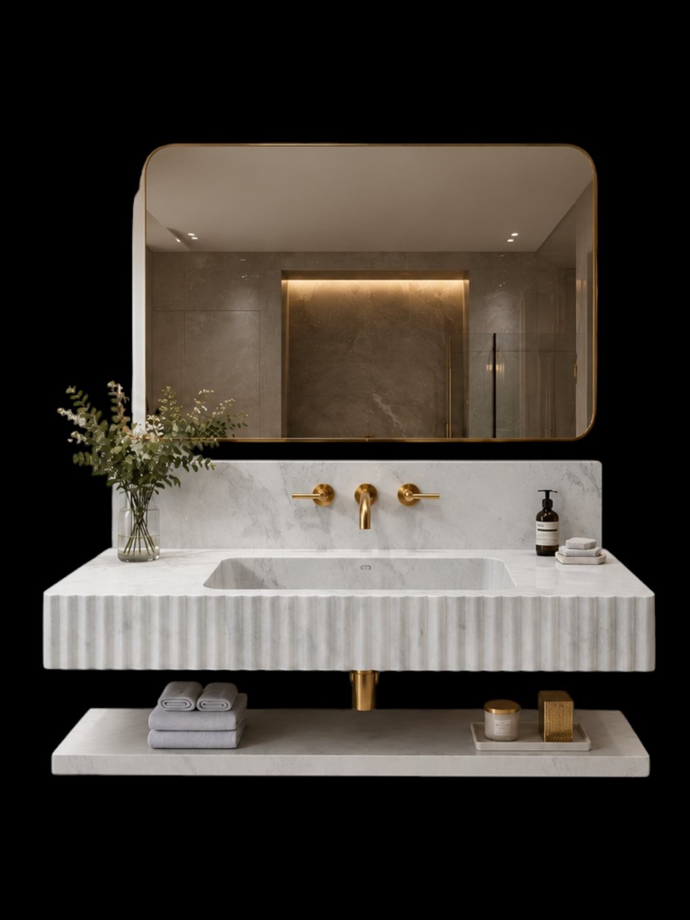 Oluklu Bianco Carrara Raflı Mermer Lavabo - AMSK26023