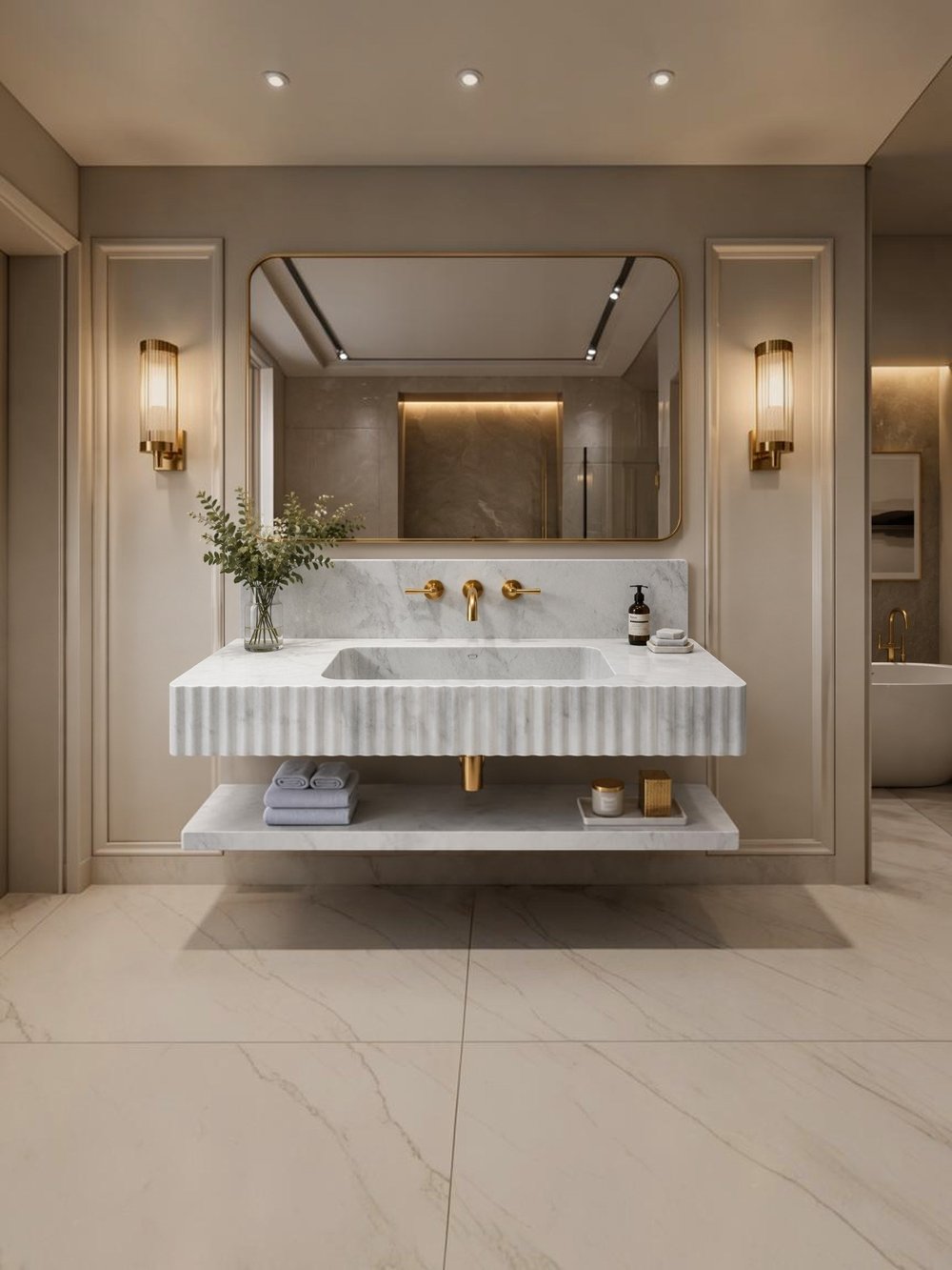 Oluklu Bianco Carrara Raflı Mermer Lavabo - AMSK26023