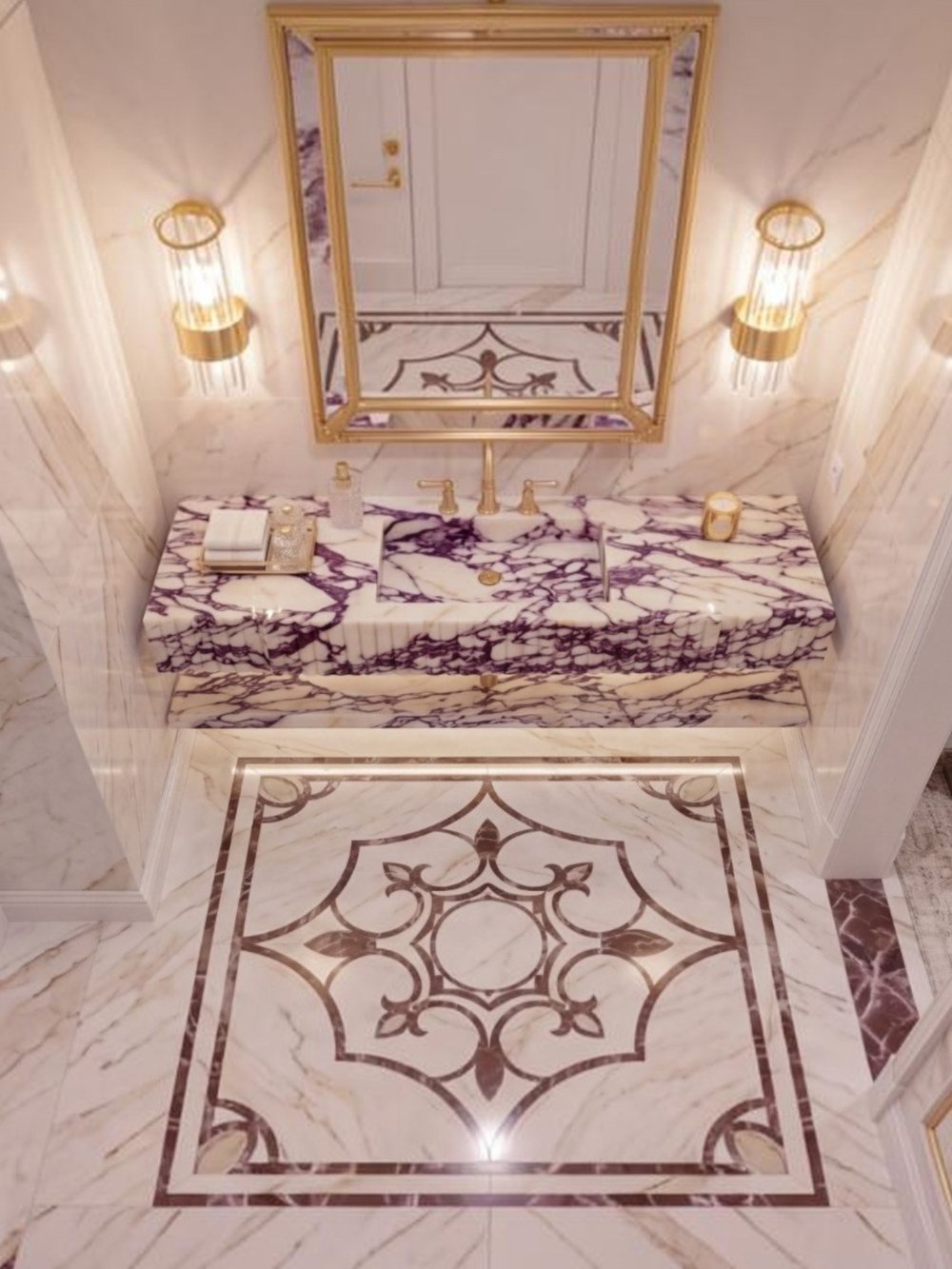 Oluklu Calacatta Viola Raflı Mermer Lavabo - AMSK26027