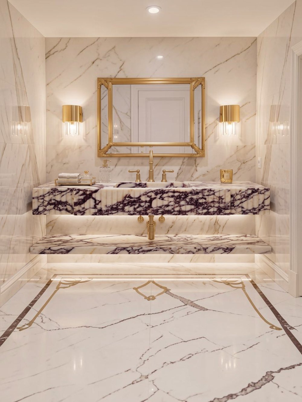 Oluklu Calacatta Viola Raflı Mermer Lavabo - AMSK26027